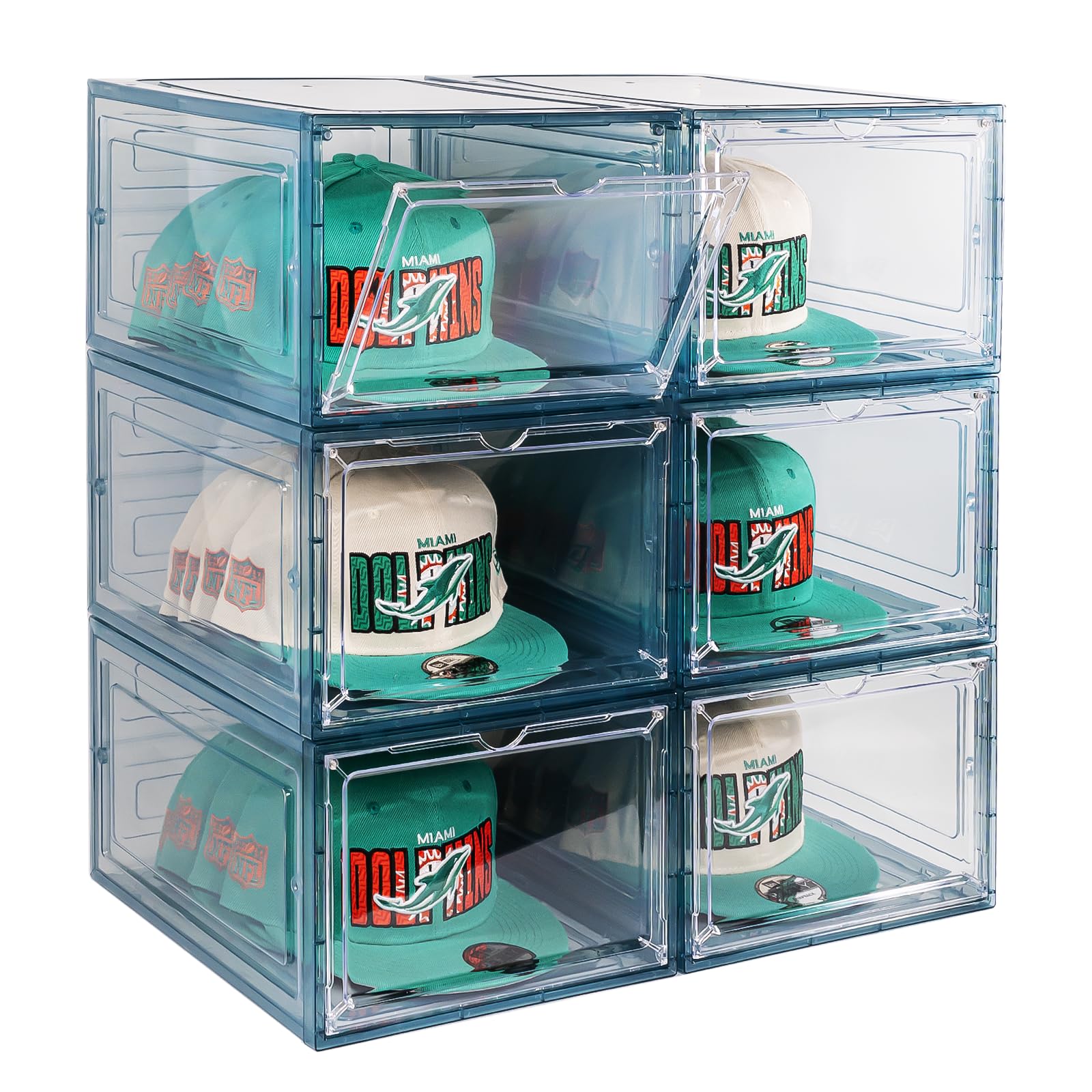 SCAVATA 6 Pack Hat Organizer Box, Stackable Clear Baseball Caps Holder Box Containers with Magnetic Door for Hats Snapback Cap S