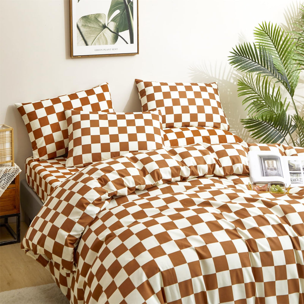 Clothknow Brown Beige Plaid Comforter Set Full 3Pcs Pumpkin Grid Bedding Comforter Sets Rust Comforter Full Size Soft Caramel Ch