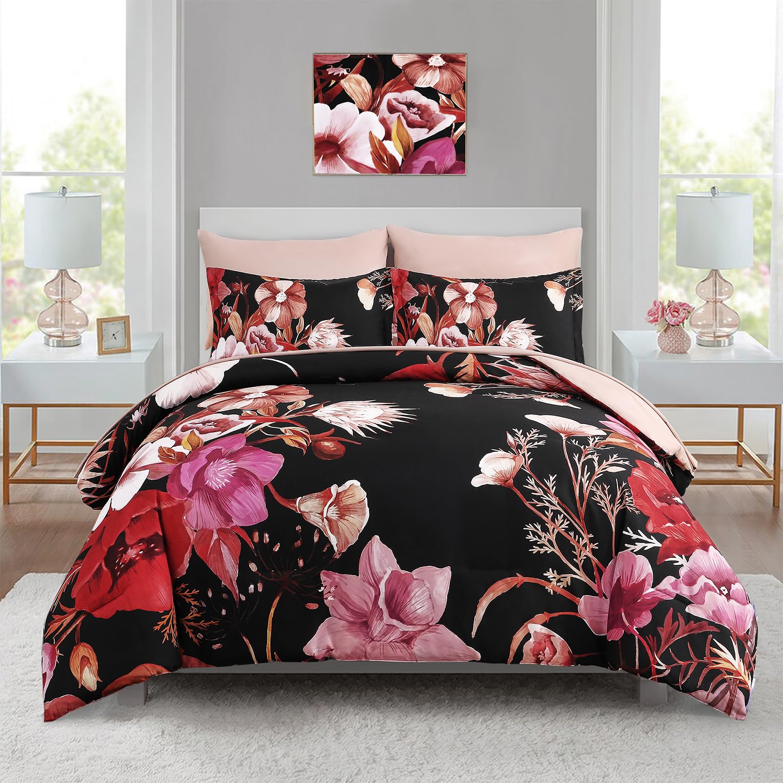Luxudecor Floral Comforter Set Queen Size 7 Piece, Red Flower Bed In A Bag, Elegant Comforter Bedding Set For All Season (Red, 9