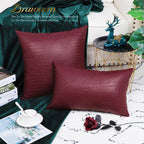 Brawarm Faux Leather Pillow Covers 12 X 20 Inches, Burgundy Leather Pillow Covers Pack Of 2, Crocodile Leather Decorative Lumbar