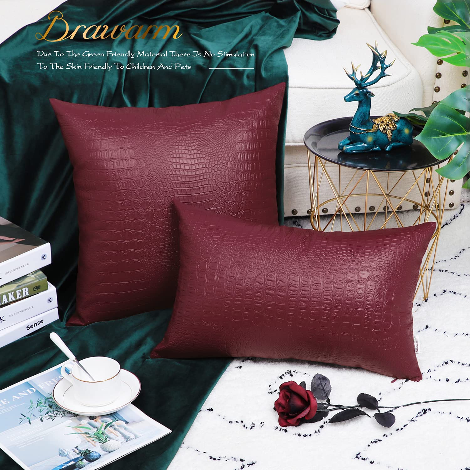 Brawarm Faux Leather Pillow Covers 16 X 16 Inches, Burgundy Leather Pillow Covers Pack Of 2, Crocodile Leather Decorative Throw