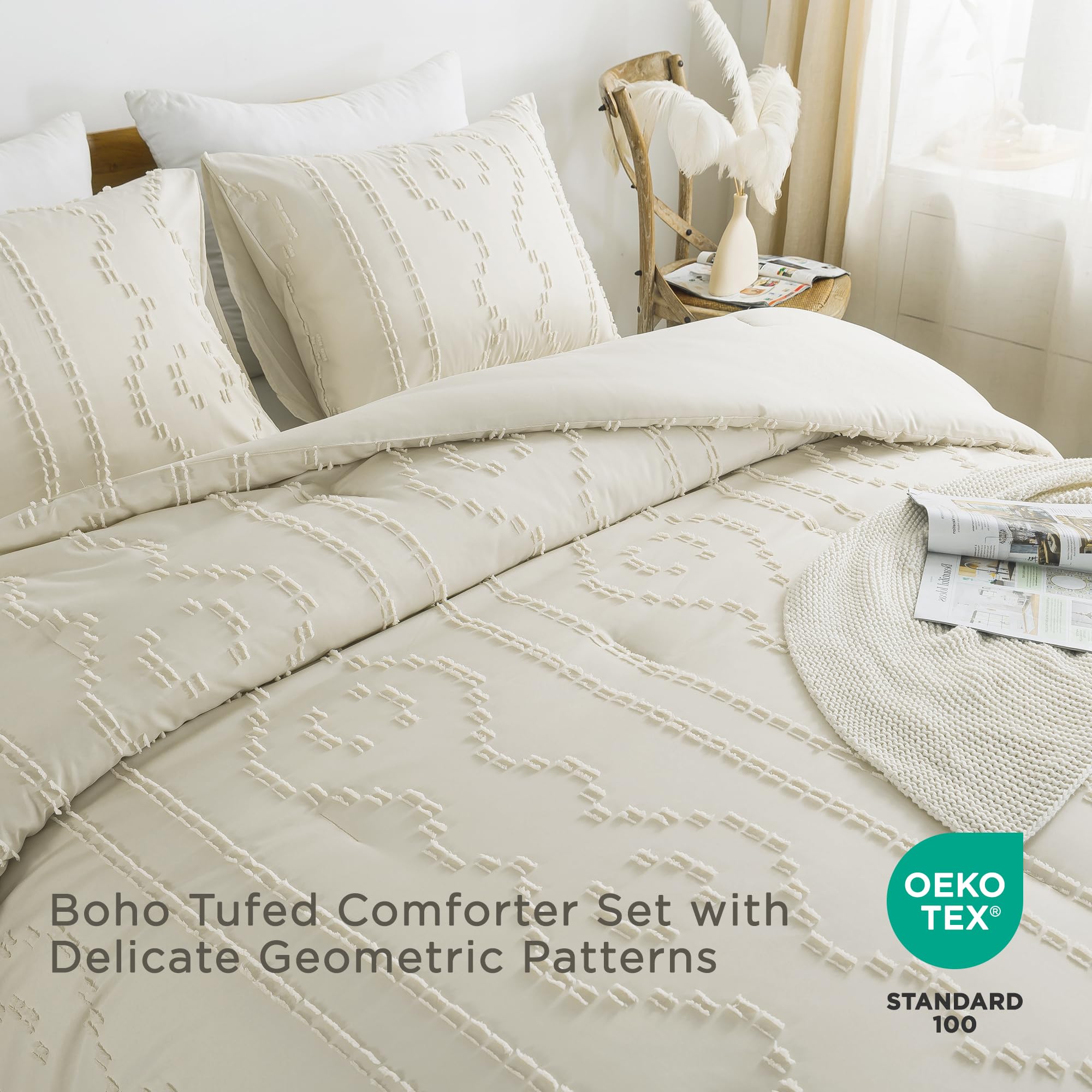 Andency Beige Tufted Comforter Set Full(79X90Inch), 3 Pieces(1 Boho Comforter, 2 Pillowcases) Textured Farmhouse Comforter, Soft Microfiber Down Alternative Geometric Comforter Bedding Set