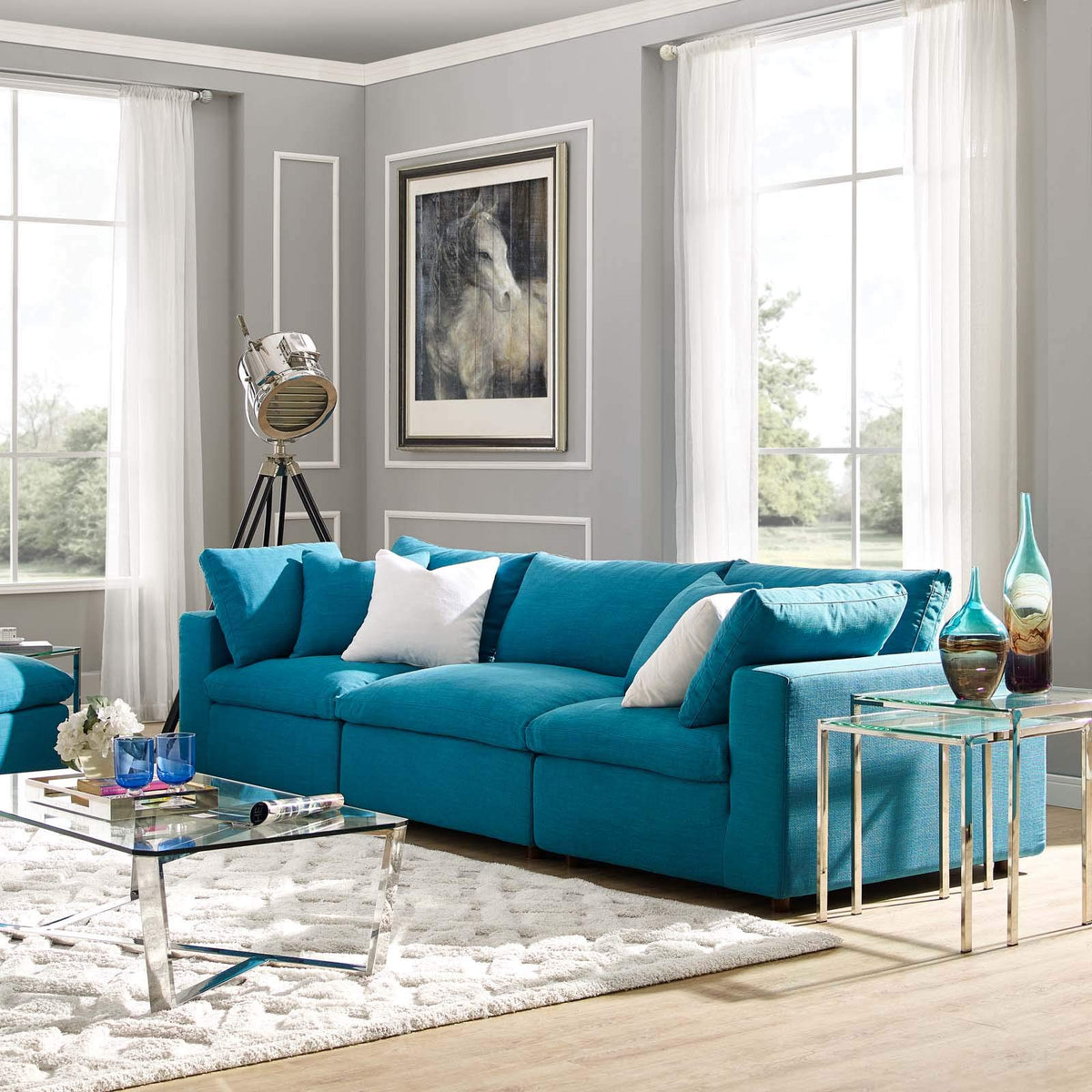 Modway Commix Down Filled Overstuffed 3 Piece Sectional Sofa Set, Armless Chair/Two Corner Chairs, Teal