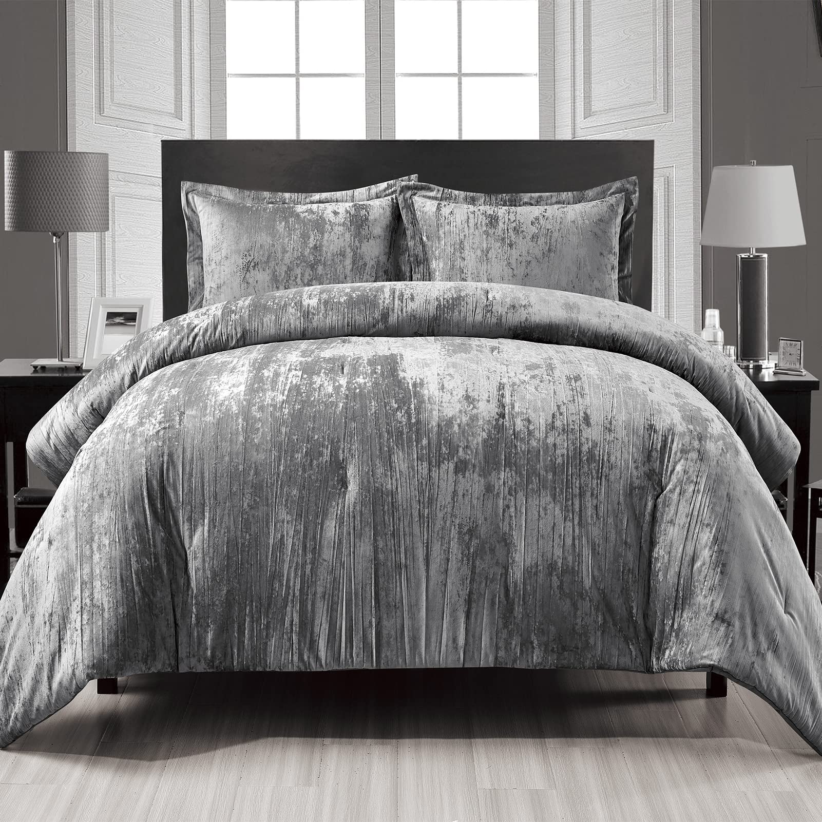 Fredsure Crinkle Velvet Comforter Set, 3 Pieces Grey Queen, Crinkle Velvet Face And Brushed Microfiber Reverse