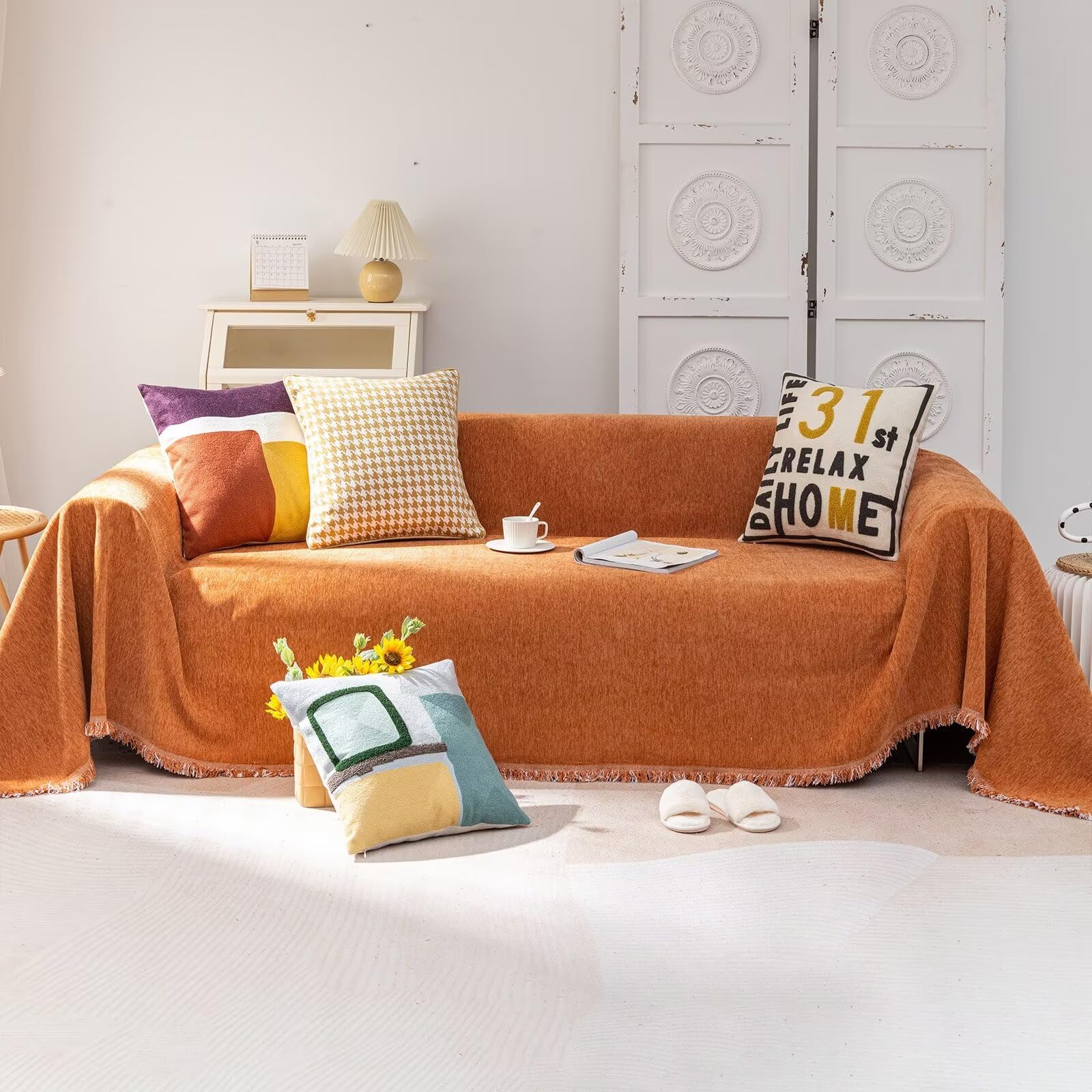 Vclife Caramel Pumpkin Sofa Cover Boho Sofa Slipcover Thick Chenille Couch Cover For 3 Cushion Couch Sofa Durable L Shape Sofa C