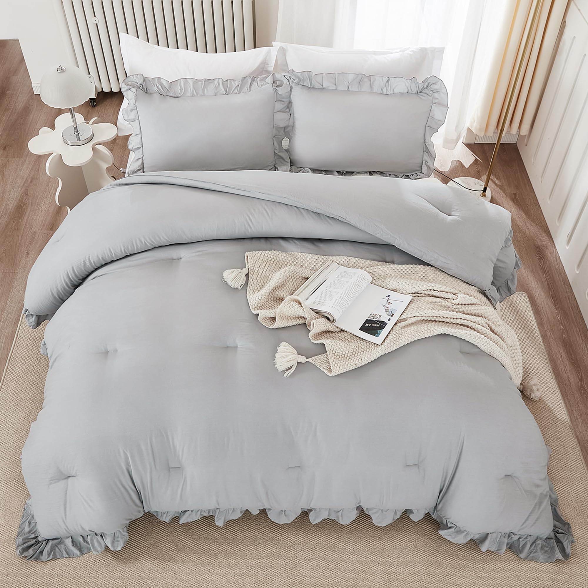 Andency Silver Gray Comforter Set Full Size, 3 Pieces Solid Ruffle Shabby Chic Bedding Comforter Sets, All Season Lightweight Fluffy Soft Microfiber Bedding Set (79X90 Comforter & 2 Pillowcases)