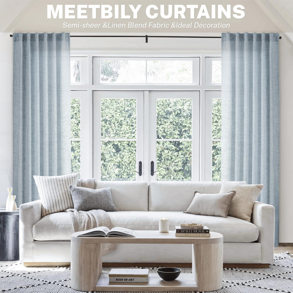 Blue Linen Curtains 108 Inches Long For Living Room 2 Panels Set Back Tab Pocket Farmhouse Boho Light Filtering Semi Sheer Dusty
