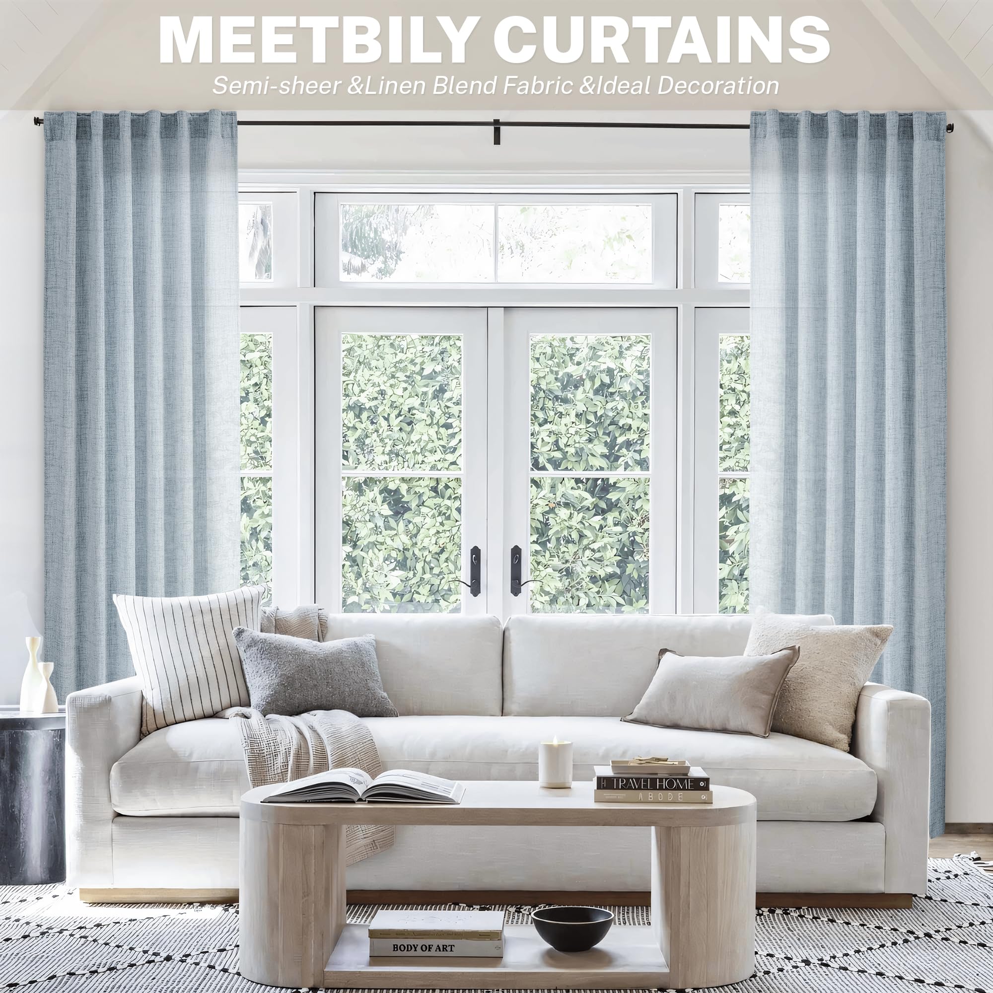 Blue Linen Curtains 108 Inches Long For Living Room 2 Panels Set Back Tab Pocket Farmhouse Boho Light Filtering Semi Sheer Dusty