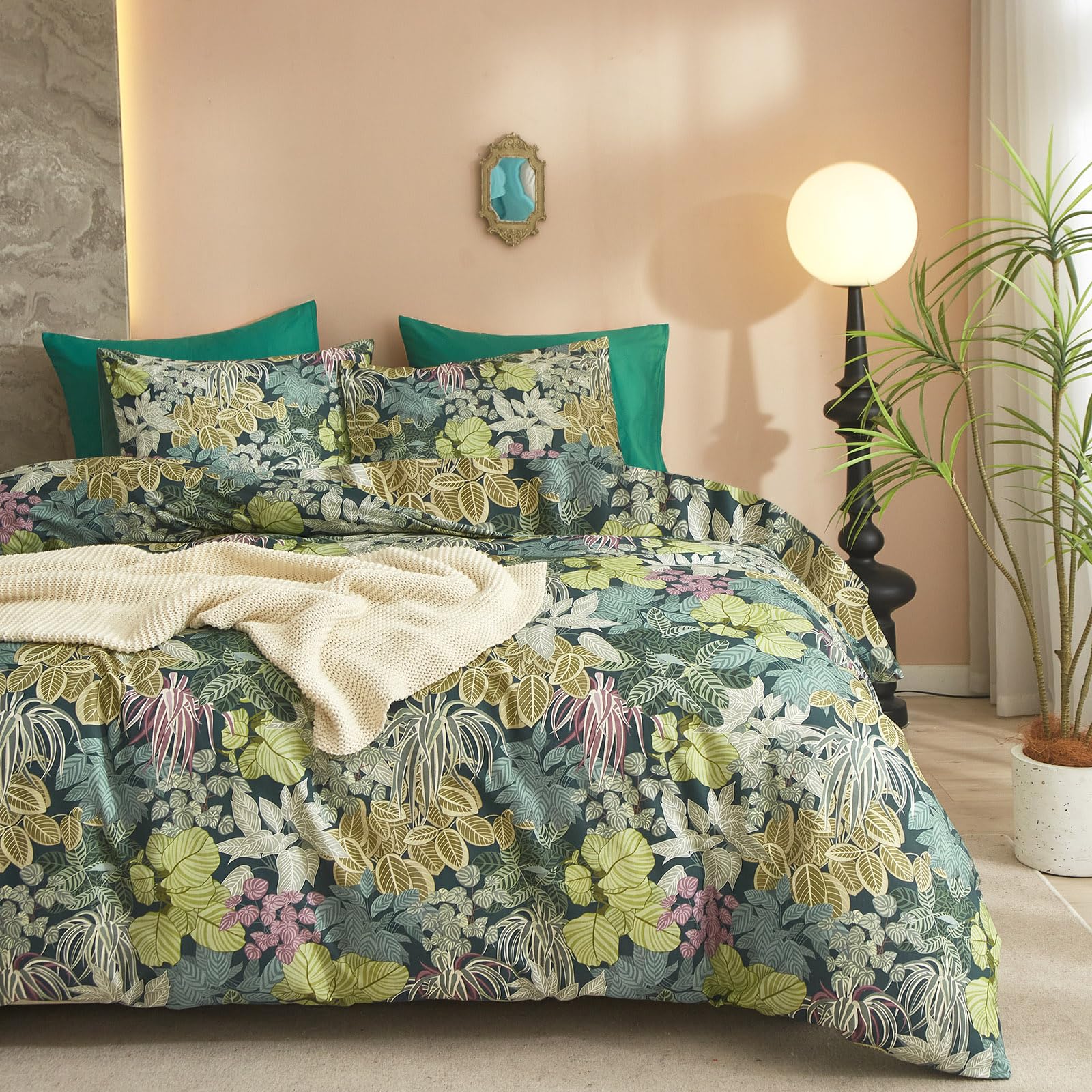 Tropical Leaves Botanical Comforter Set Full Garden Style Floral Bedding Set Vintage Green Leaves Comforter Set 3 Pieces Floral