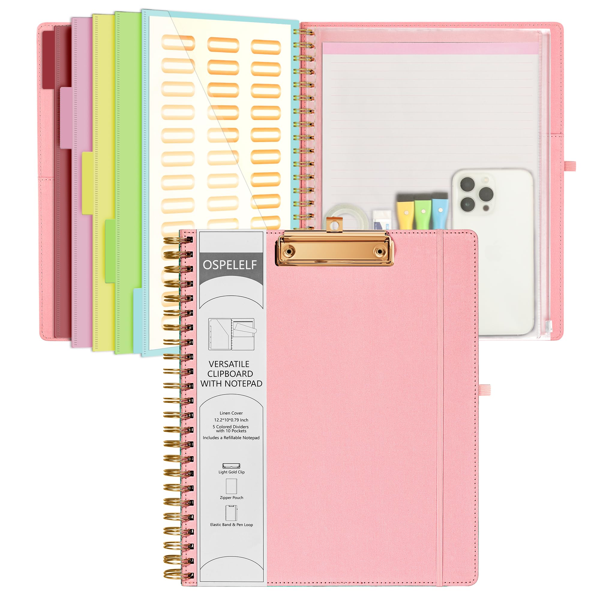 Ospelelf Pink Foldable Spiral Clipboard Folio With Storage Zipper Pouch, 5 Plastic Folders With 10 Pockets,Refillable Lined Note