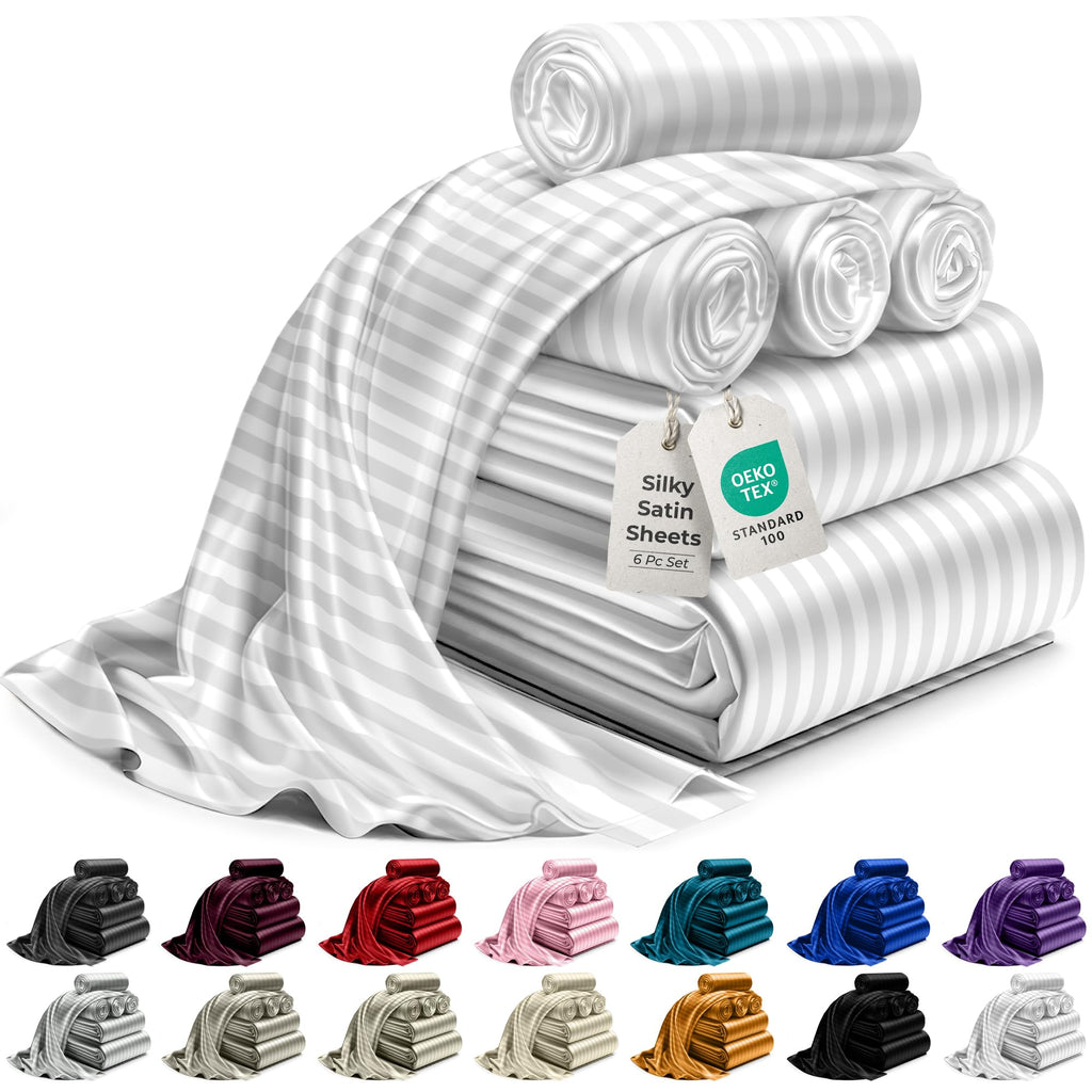 Decolure Striped Satin Sheets Set King 6Pc - Comfy Luxury Silk Feel Satin Sheets King - Elegant Silky Soft King Size Satin Bed S