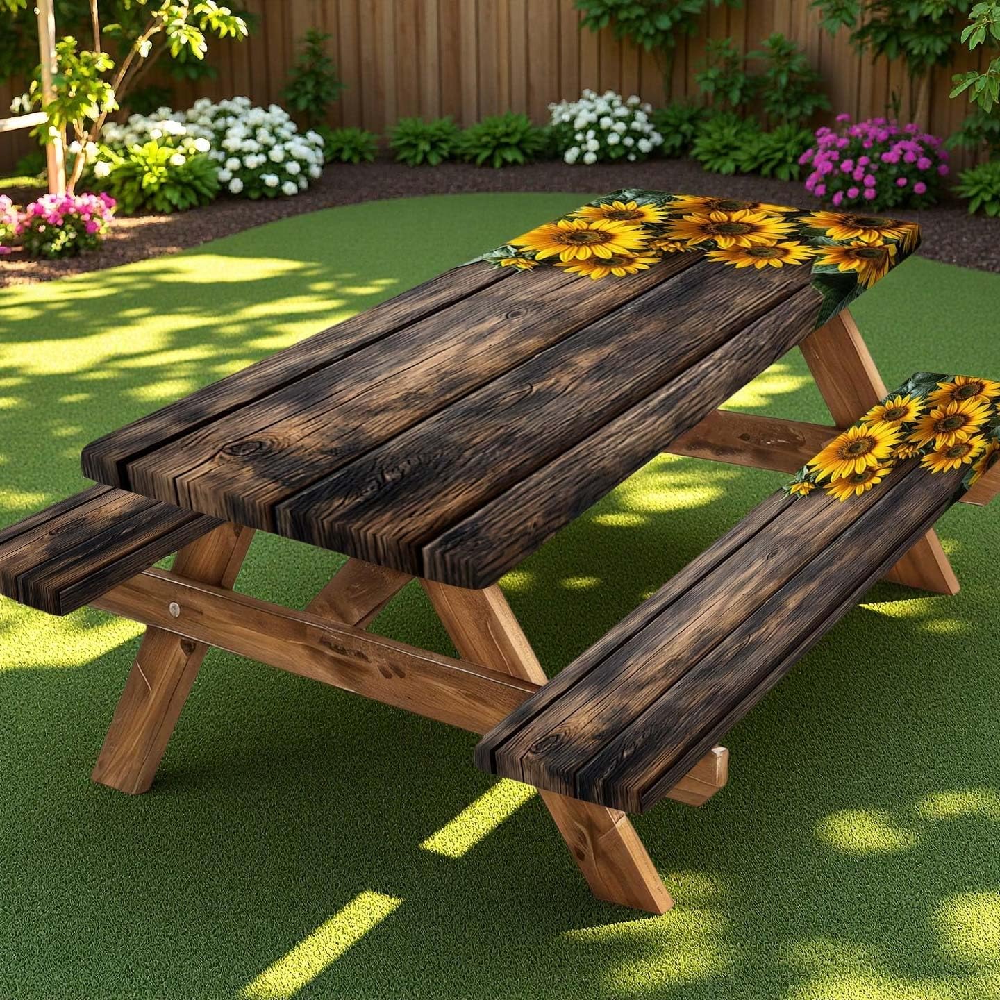 Picnic Table Cover with Bench Covers Wood Sunflower Elastic Outdoor Tablecloth Camping Essentials Waterproof Windproof Camping T