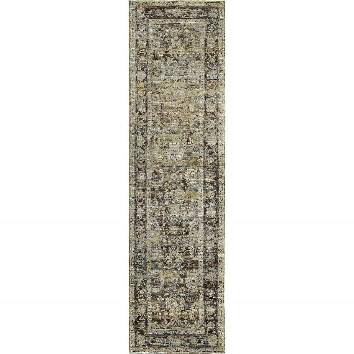 HomeRoots Nylon, Polypropylene 2'x8' Green and Brown Floral Runner Rug