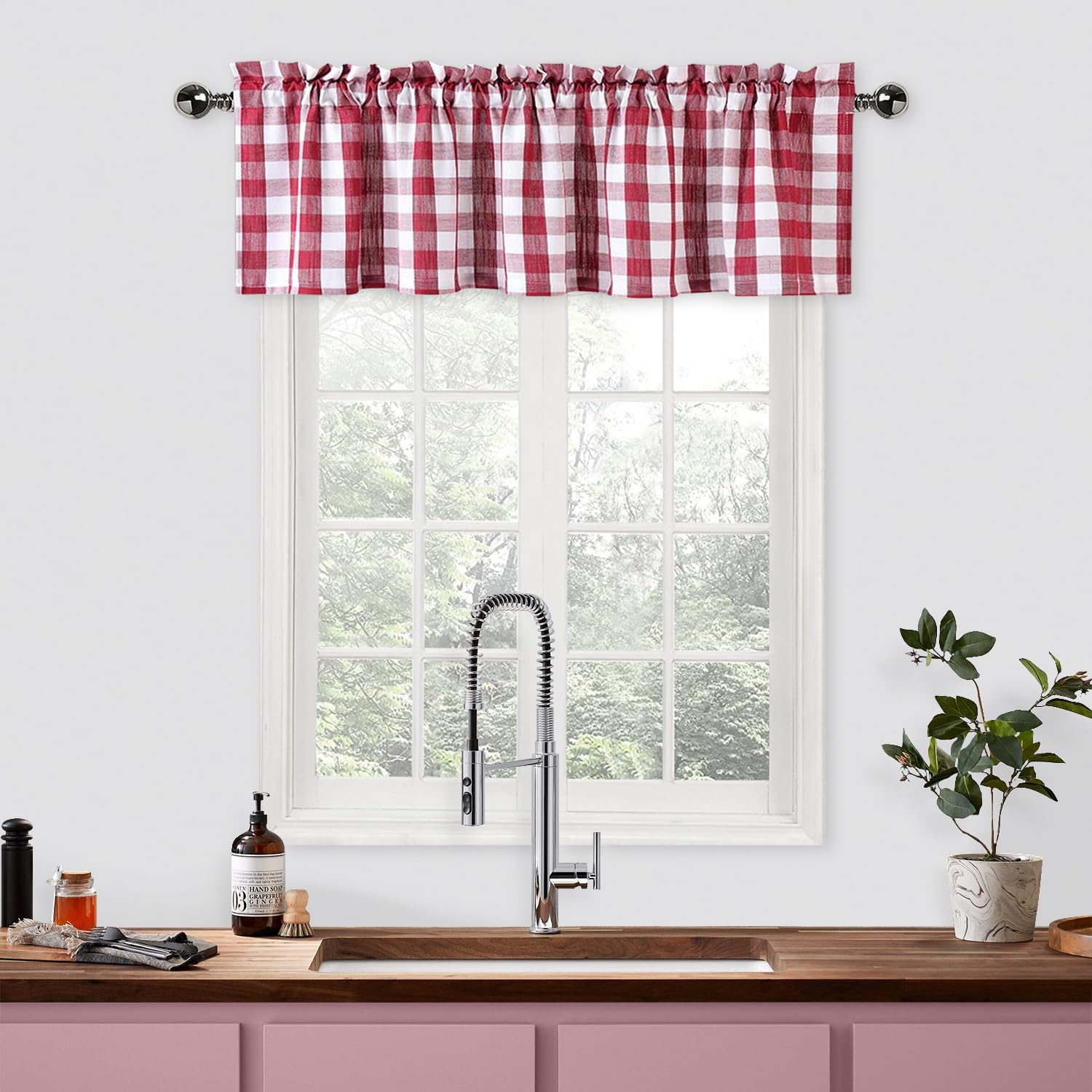 Bapawfish Red And White Buffalo Check Kitchen Curtain Valances For Windows,Burgundy Plaid Gingham Valance For Bathroom Rod Pocke