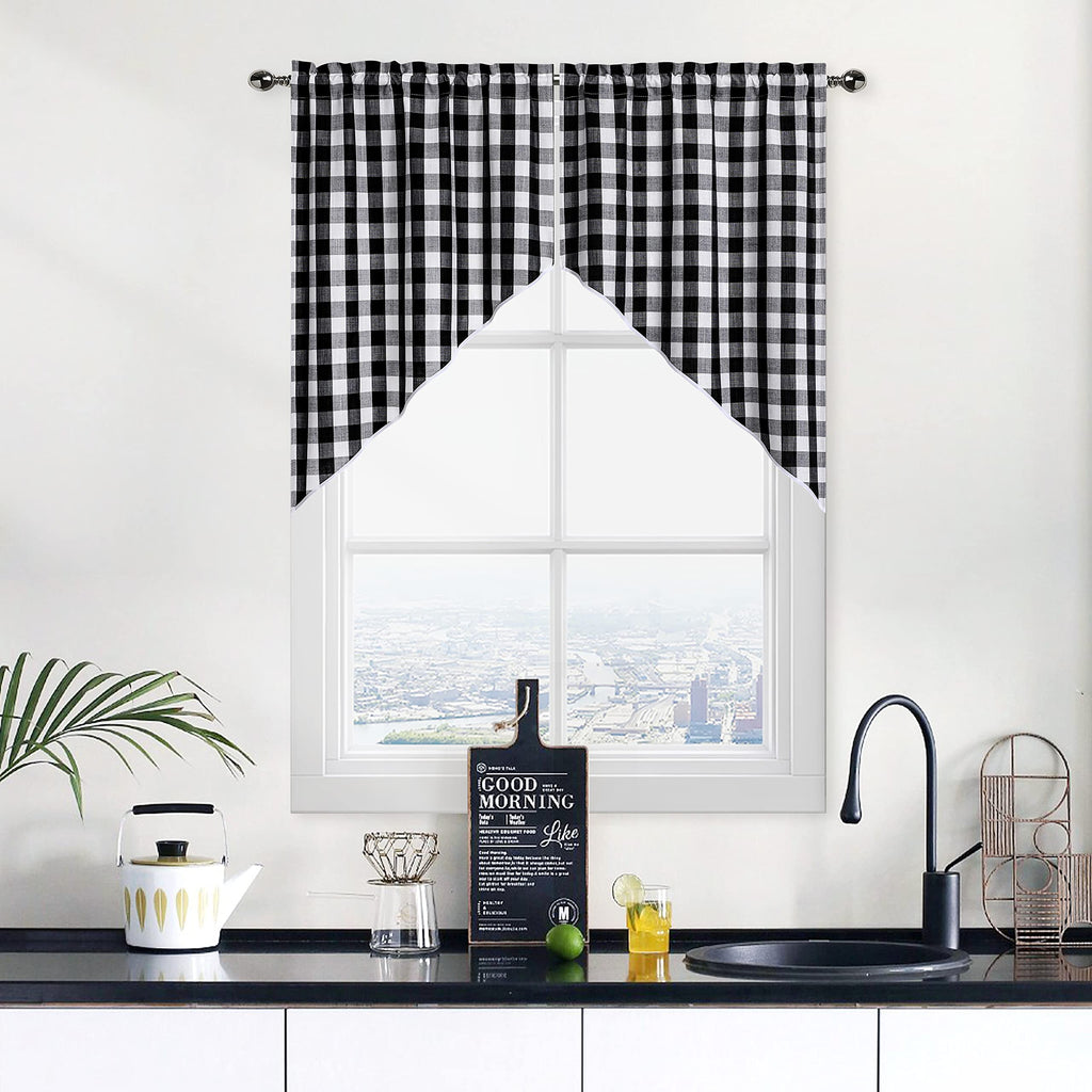 Black And White Farmhouse Gingham Swag Valance Kitchen Curtains 36 Inches Length, Buffalo Plaid Check Half Window Cafe Curtains