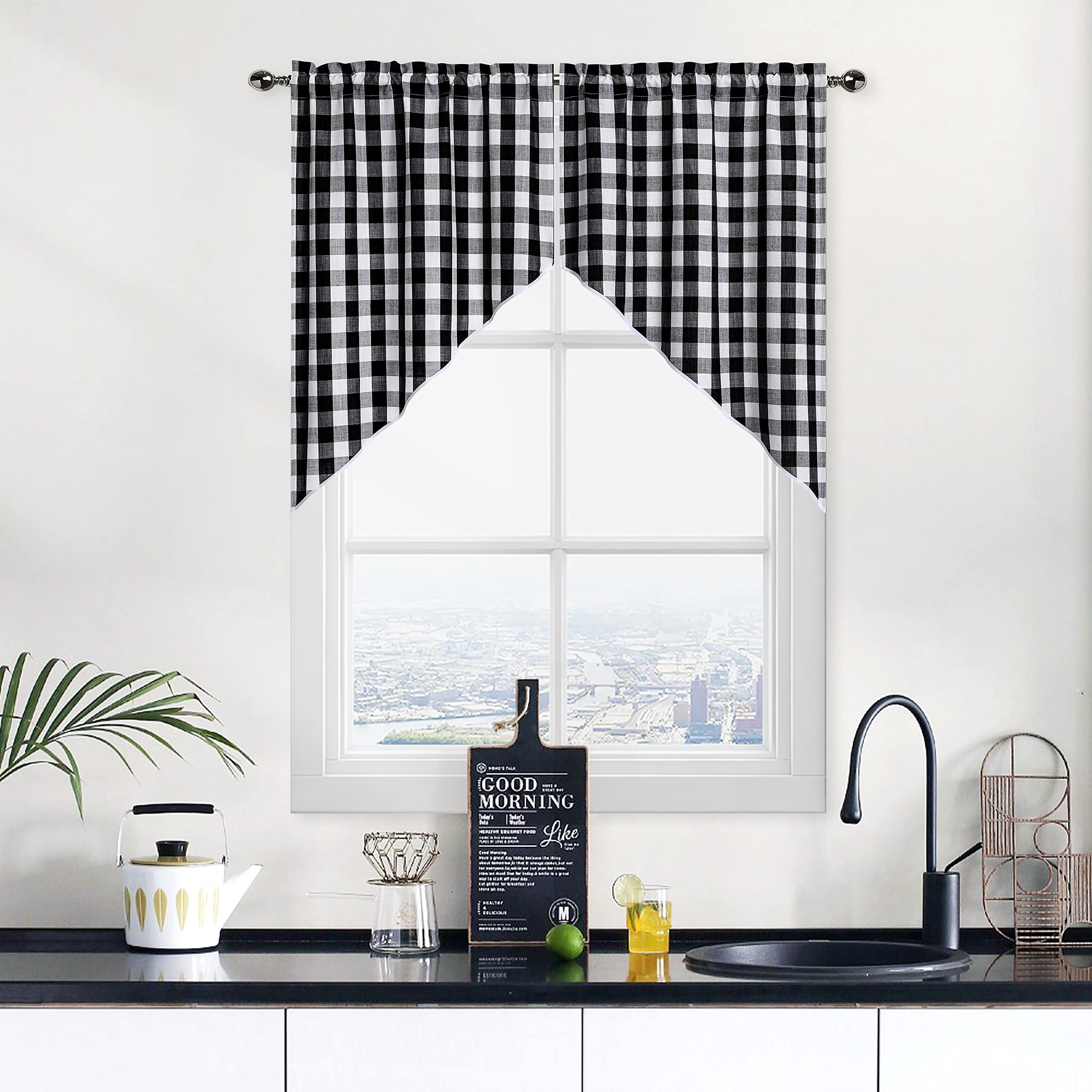 Black And White Farmhouse Gingham Swag Valance Kitchen Curtains 36 Inches Length, Buffalo Plaid Check Half Window Cafe Curtains
