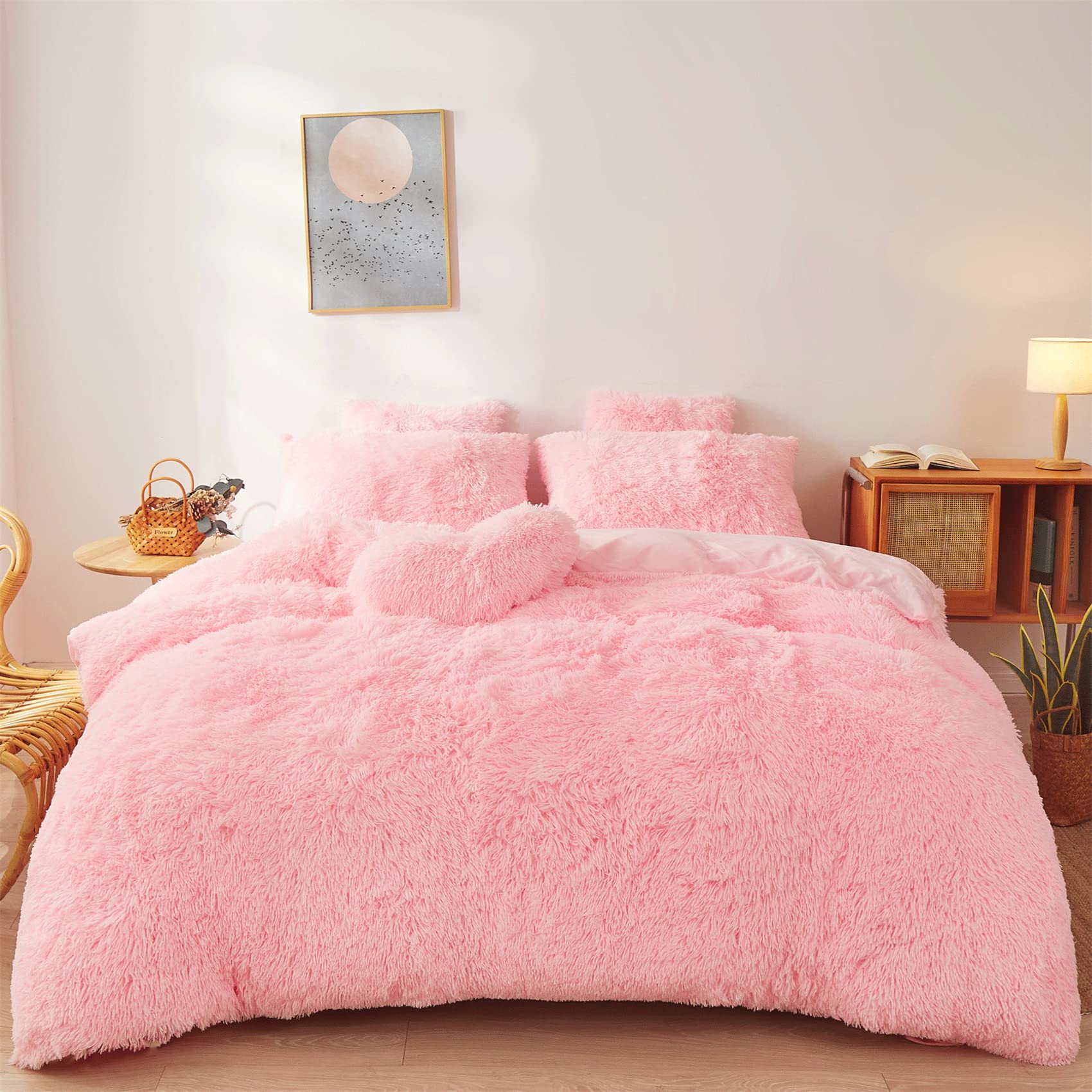 Fluffy Pink Twin Size Comforter Cover - Ultra Soft Plush Bedding Set With Faux Fur And Fuzzy Pillowcase For Girls Bedroom (Light