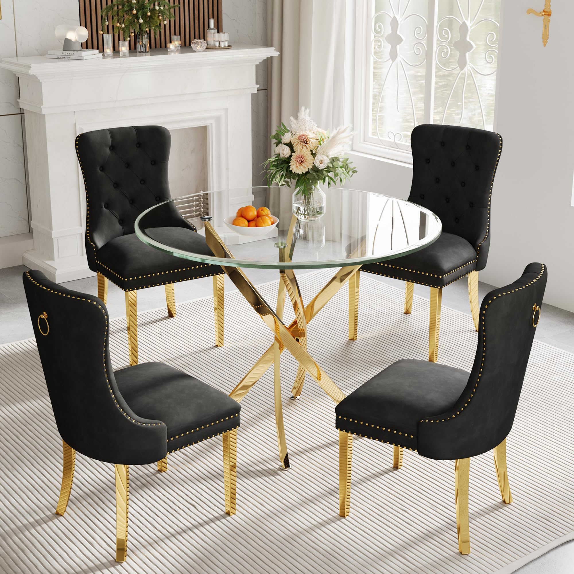 Af Artisan Furniture 36' Round Glass Dining Table Set For 4, 5-Piece Modern Kitchen Table With 4 Black Velvet Chairs, Modern Ci