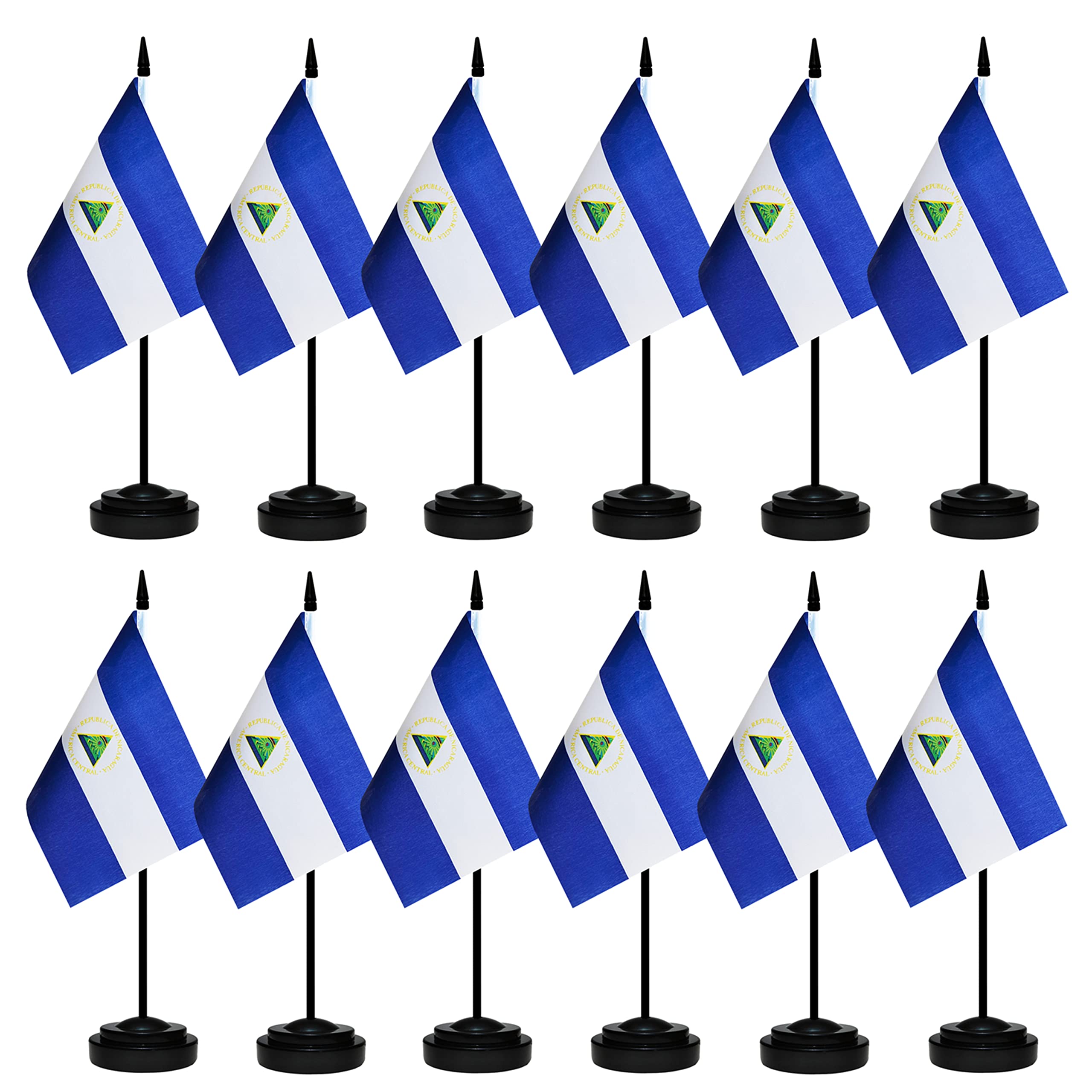 12 Pack Nicaragua Desk Flags Set, Nicaraguan Small Mini Table Office Flags With 12' Solid Black Pole, 8.2 X 5.5 Inches, Home An