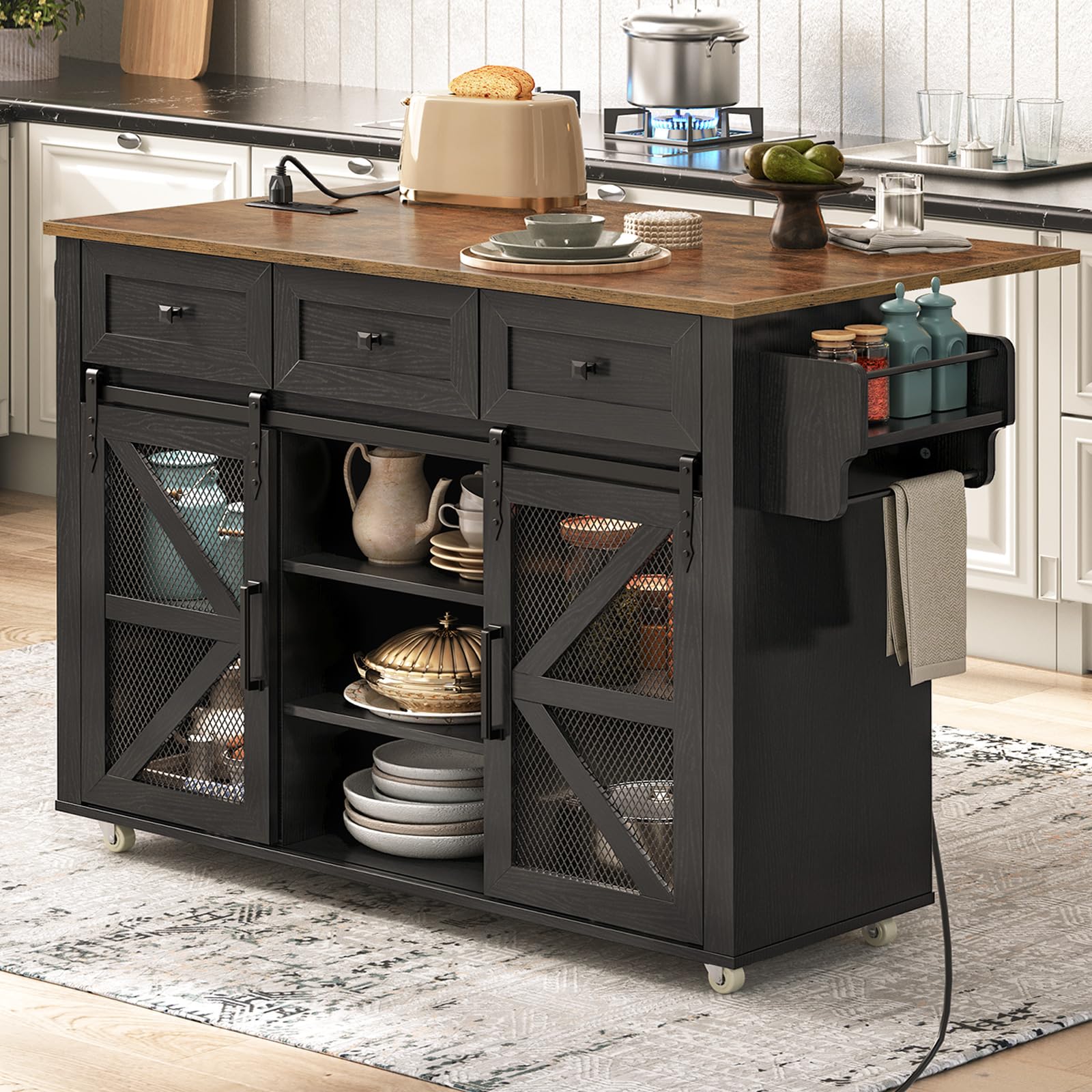 Ralgend Kitchen Island With Storage, Kitchen Cart With Charging Station, Rolling Kitchen Island Table With Drop-Leaf, 3 Drawers,