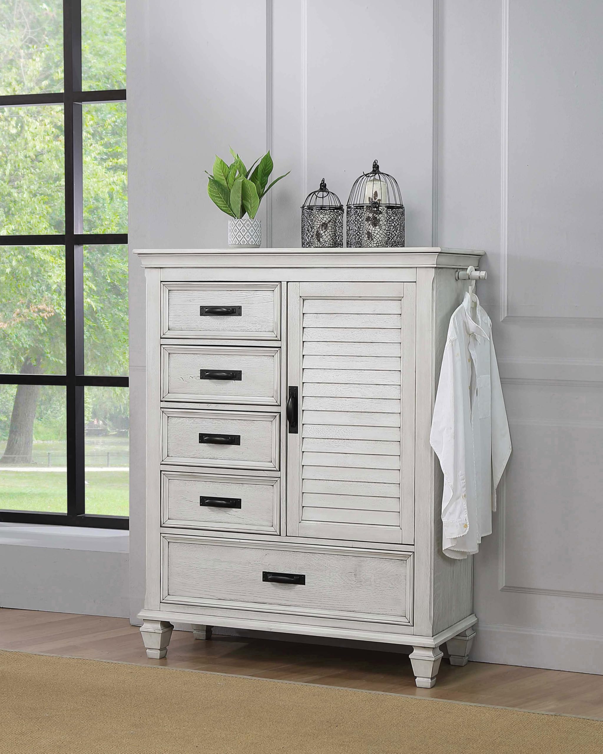 Coaster Home Furnishings Franco Farmhouse Wood 5-Drawer Bedroom Door Chest Chiffonier Clothing Storage Cabinet Bedroom Armoire Tall Dresser Organizer Unit Distressed White 205338