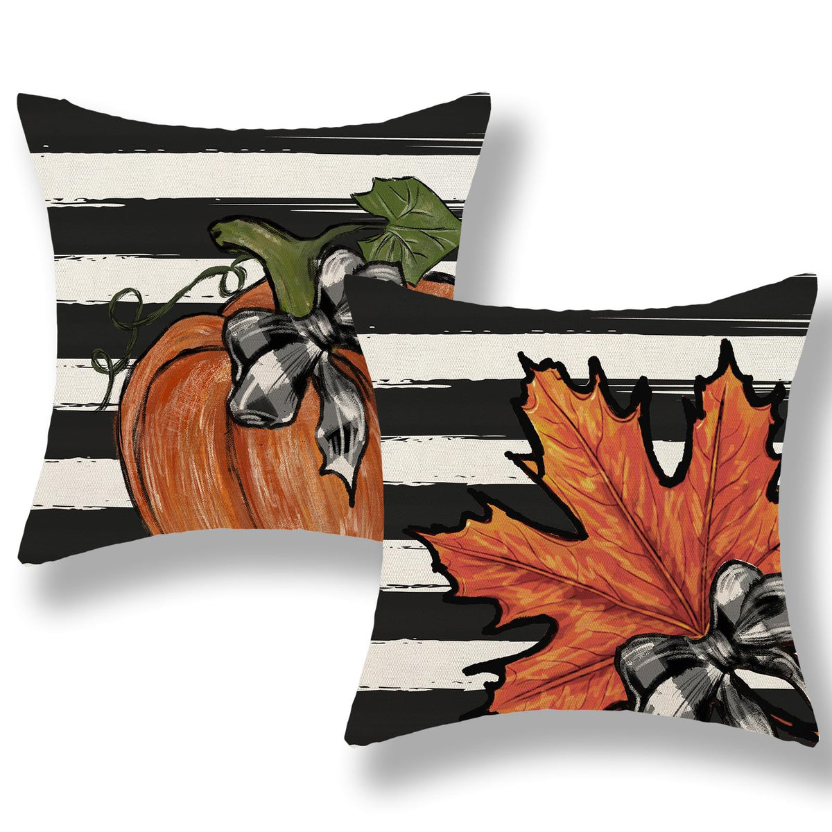 Gohdiwh Fall Pillow Covers 18X18 Set Of 2 Orange Pumpkin Maple Leaves Stripes Fall Decor Pillowcase Autumn Harvest Decorative Ou