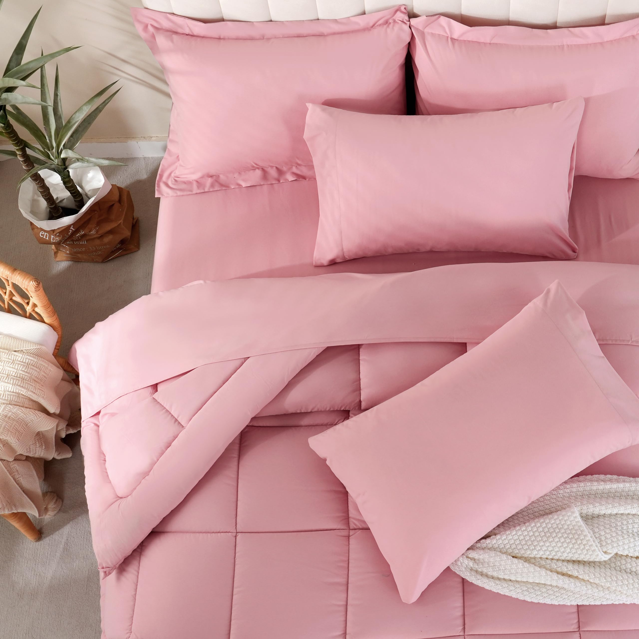 Downcool Queen Comforter Set, 7 Pieces Bedding Sets Queen Pink, All Season Down Alternative Bed In A Bag Queen With Comforter, F