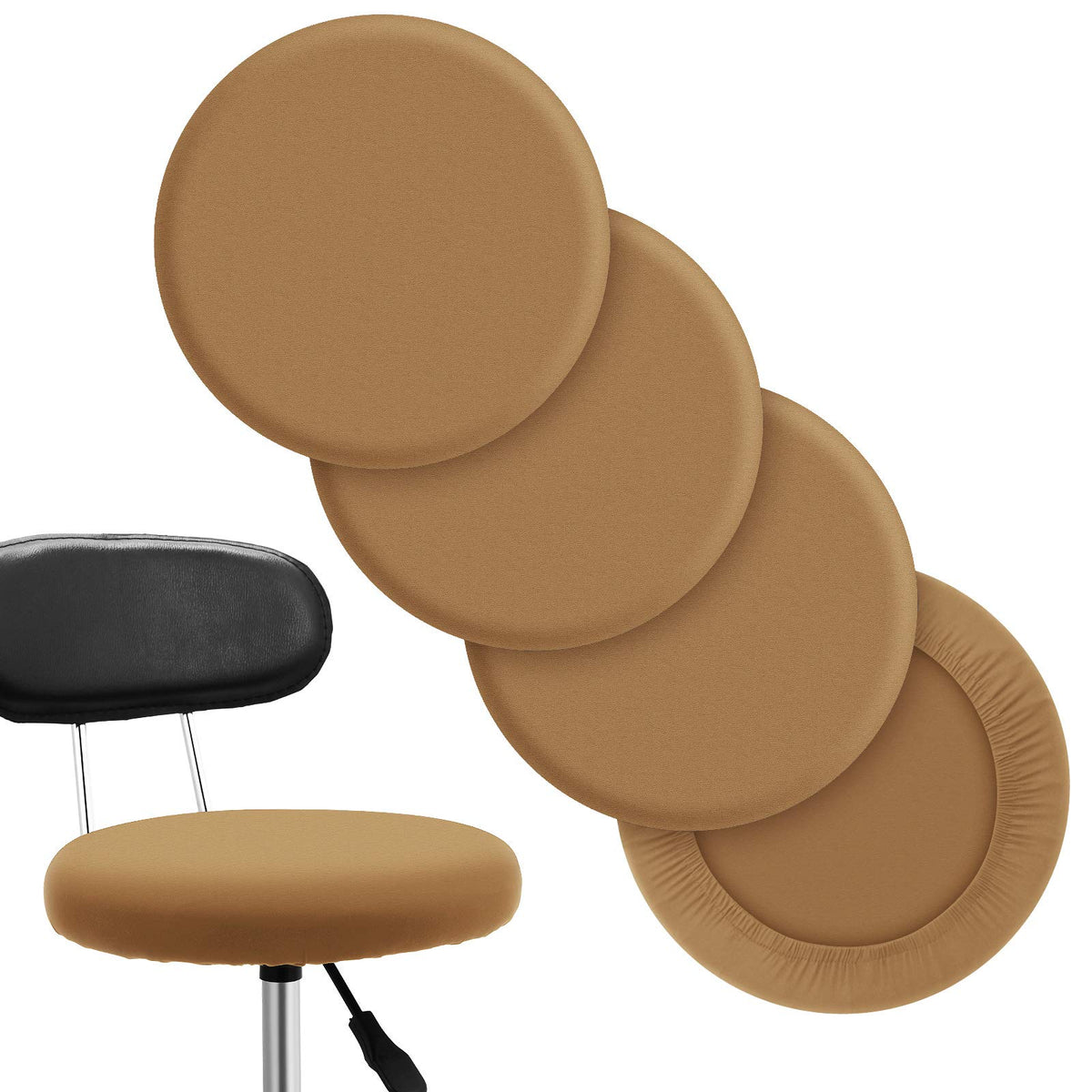 Tatuo Round Bar Stool Seat Covers Washable Stool Cushion Slipcover Elastic Bar Chair Covers For 14-17 Inch Chair (Camel Color,4