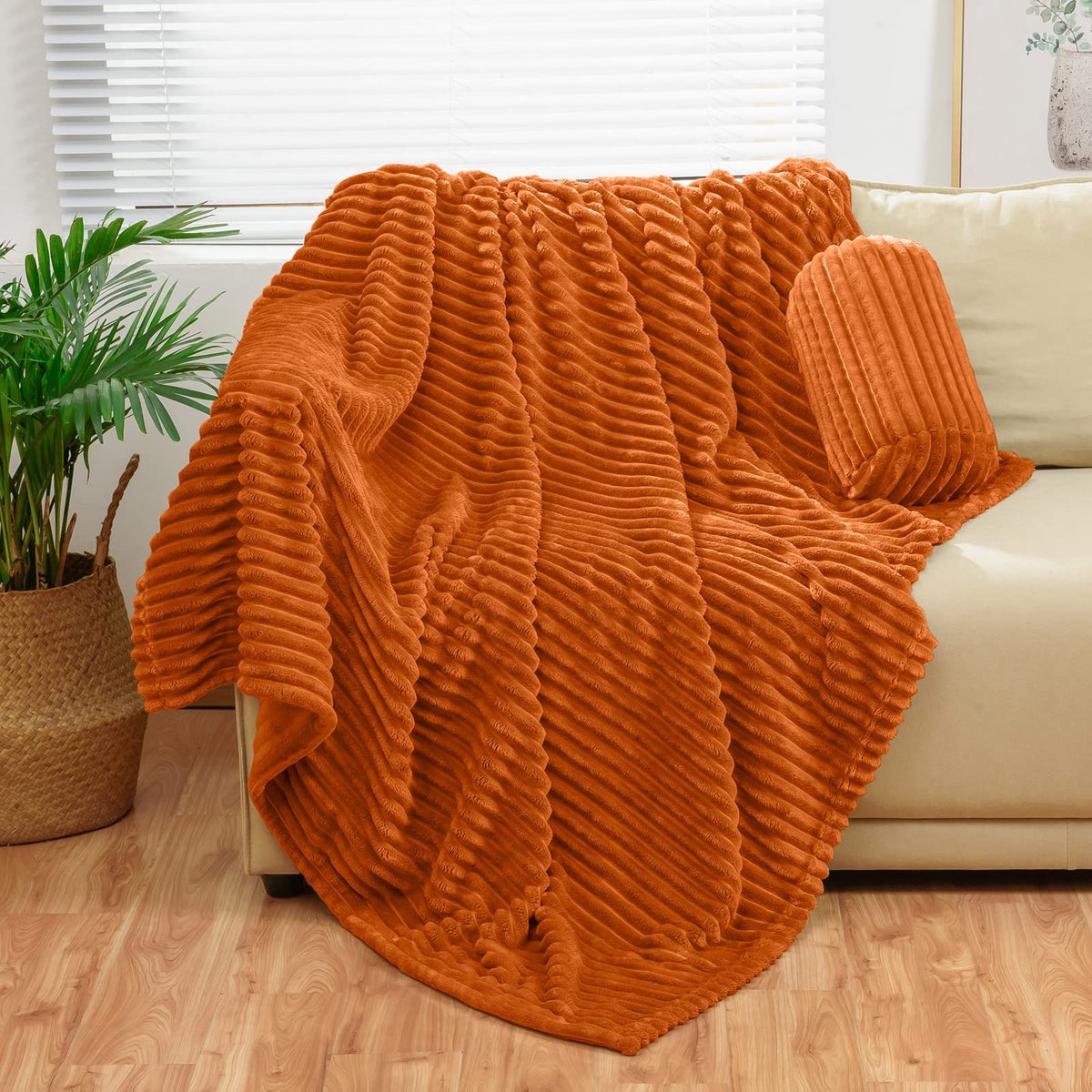 Bnuitland Burnt Orange Flannel Throw With Storage Pouch,300Gsm Super Soft Fleece Stripe Pattern Sofa Blanket For Adults And Kids