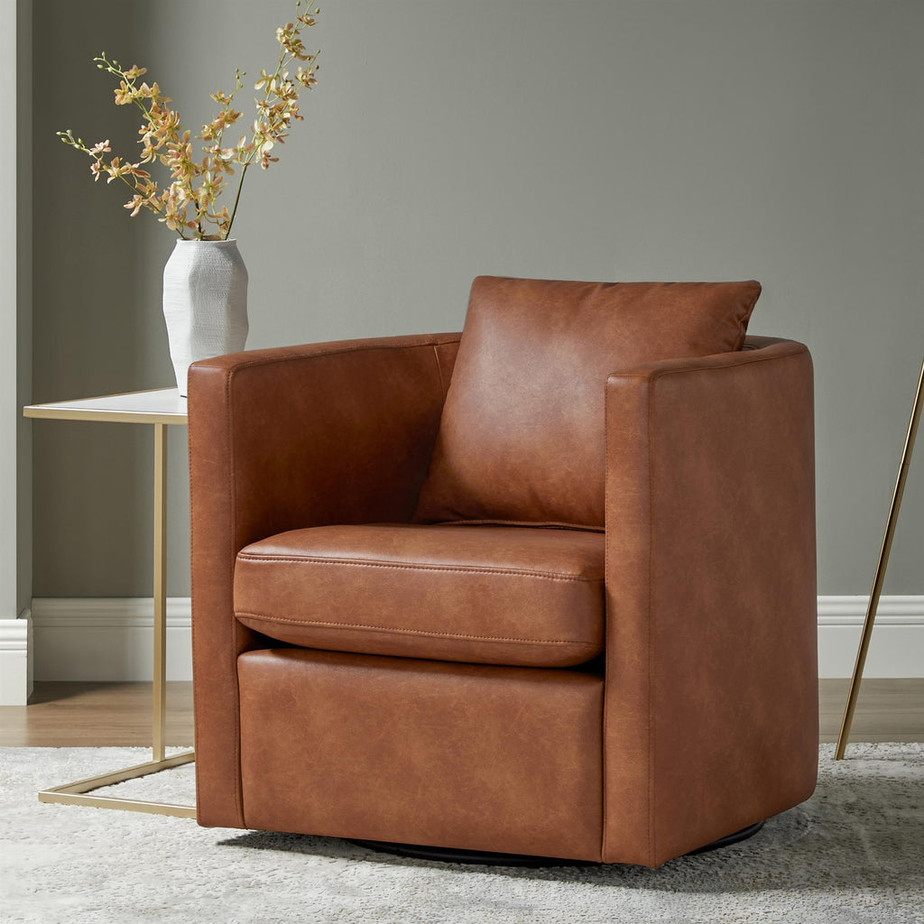 Comfort Pointe Sheldon Swivel Barrel Chair, Saddle Brown Faux Leather, Modern Accent Furniture, Home Decor, Comfortable Seating