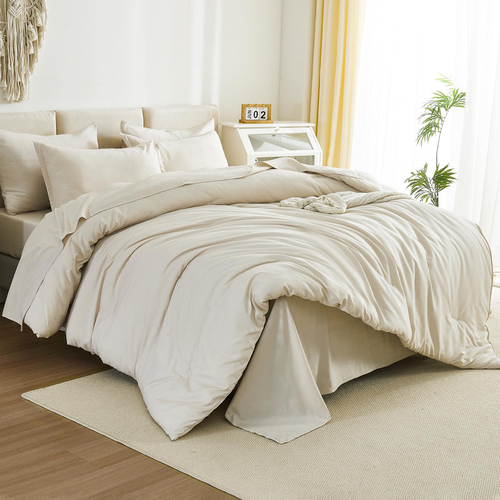 Litanika Twin/Twin Xl Size Comforter Sets Beige - 5 Pieces Bed In A Bag Twin/Twin Xl Beddding Comforter Sets, Solid Lightweight