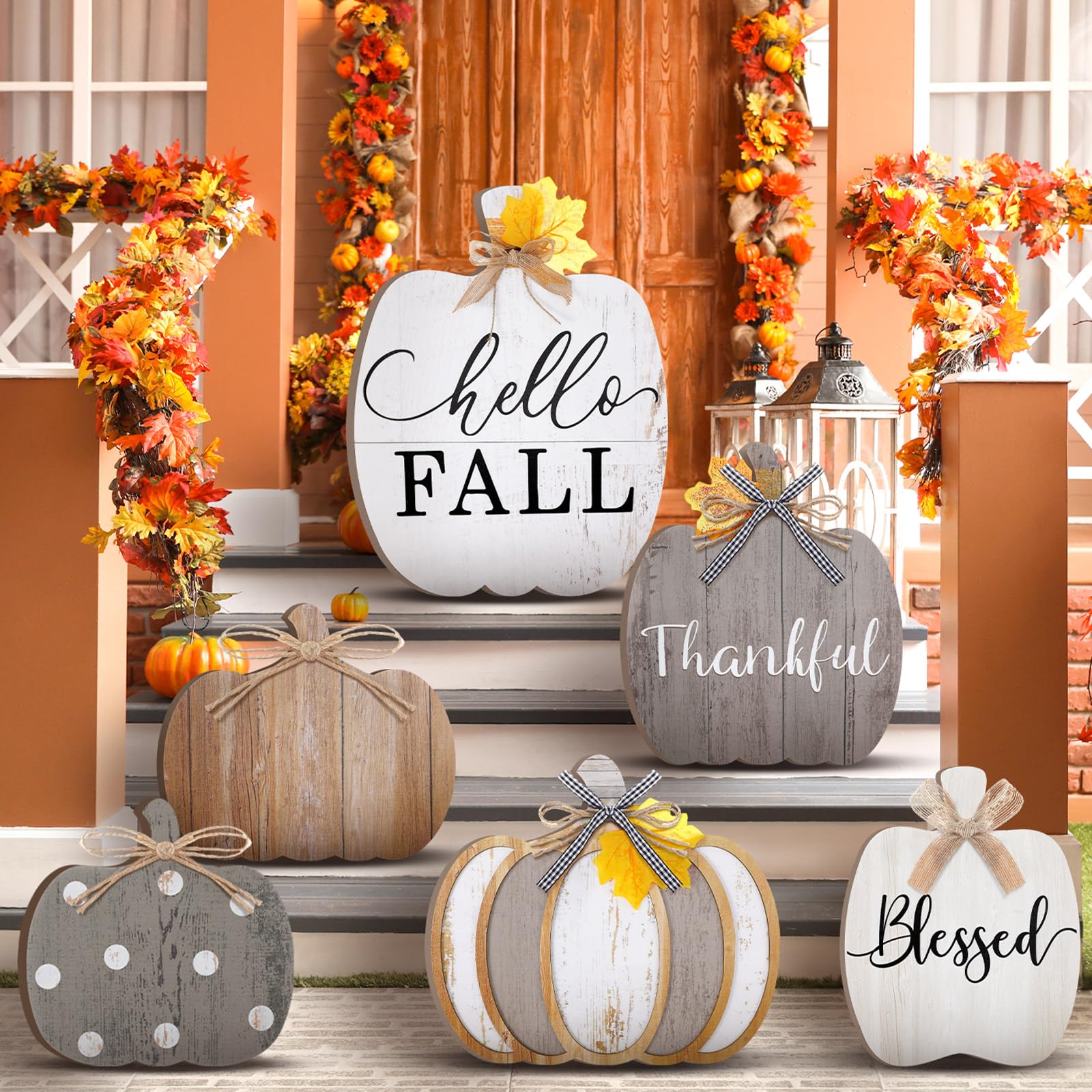 Set Of 6 Farmhouse Fall Decorations For Home Outdoor Fall Pumpkin Porch Standings Thanksgiving Decorations Thankful Grateful Ble