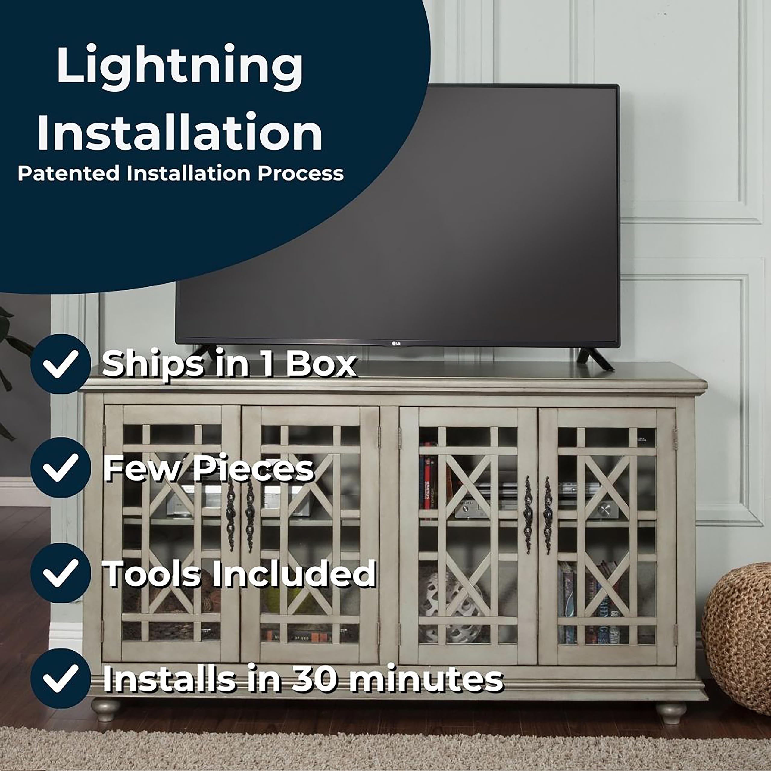 Martin Svensson Home Marche 63&quot; Tv Stand - Antique Silver - Versatile Multi-Use Design - With Two Large Cabinets For Storage