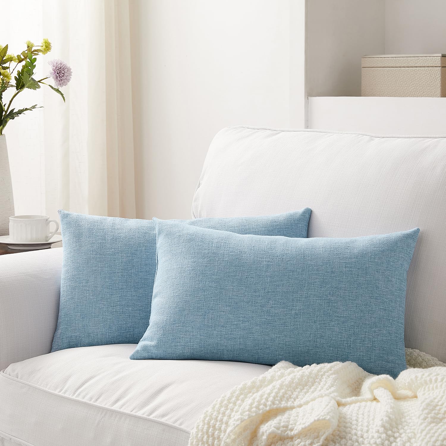 Set Of 2 Light Blue Pillow Covers 12 X 20 Inch Farmhouse Boho Decorative Throw Pillow Covers Linen Cushion Covers For Sofa Couch