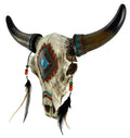 De Leon Collections Rustic Southwest Tribal Bull Cow Skull with Feathers, Beads & Faux Turquoise Stone Hanging Wall D  cor