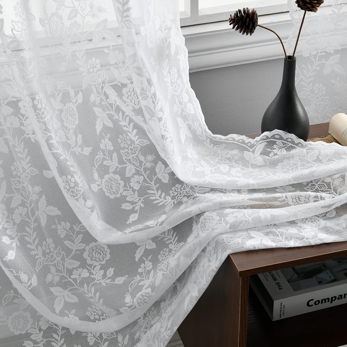 Finecity Lace Curtains 45 Inch Length, Vintage Country Floral White Lace Cafe Curtains For Kitchen, Rod Pocket Scalloped Privacy
