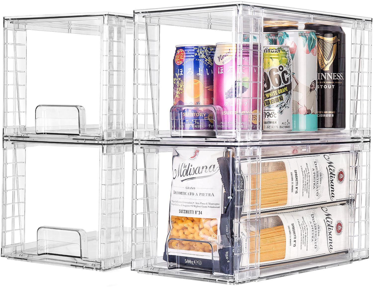 Zero Zoo 4Pack Large Stackable Kitchen Storage Drawers, Clear Foods Organizer Bins with Handles, Easily Assemble for Bathroom, K
