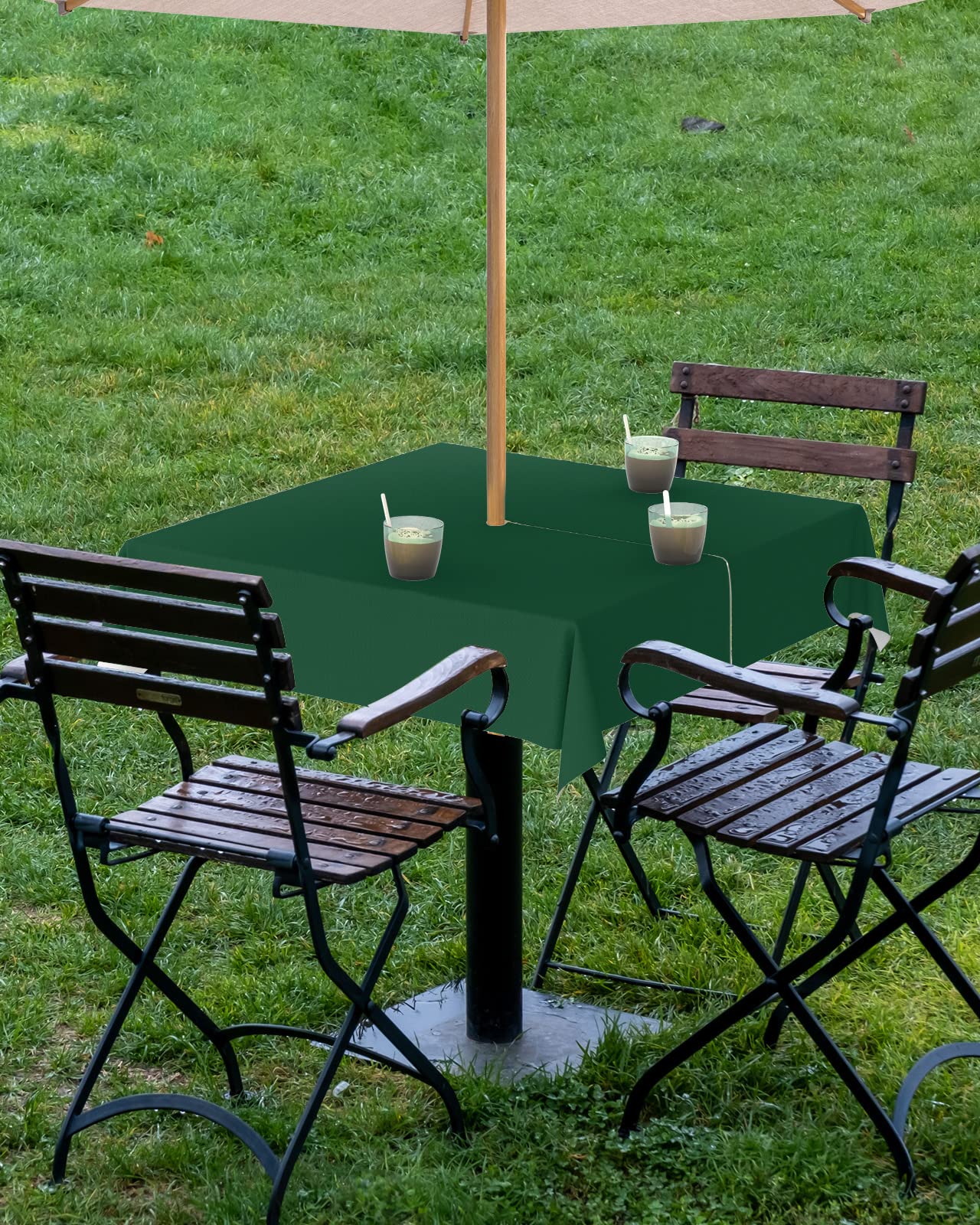 Queenker Sea Green Outdoor Tablecloth With Umbrella Hole And Zipper, Solid Color Table Cover For Square Tables Waterproof Tablet