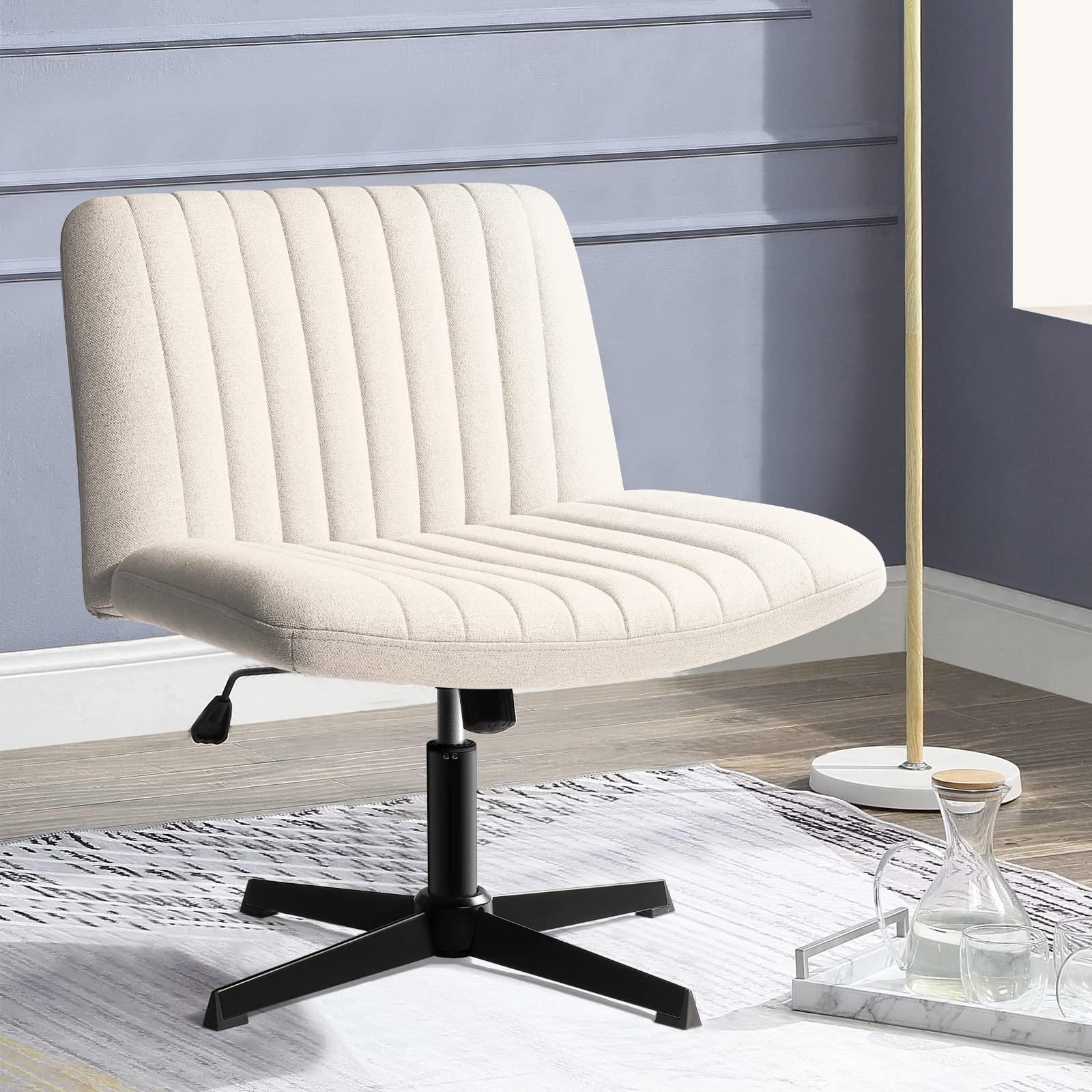 PUKAMI Criss Cross Chair,Comfy Cross Legged Office Desk Chair No Wheels,Modern Fabric Swivel Adjustable Height Mid Back Wide Sea