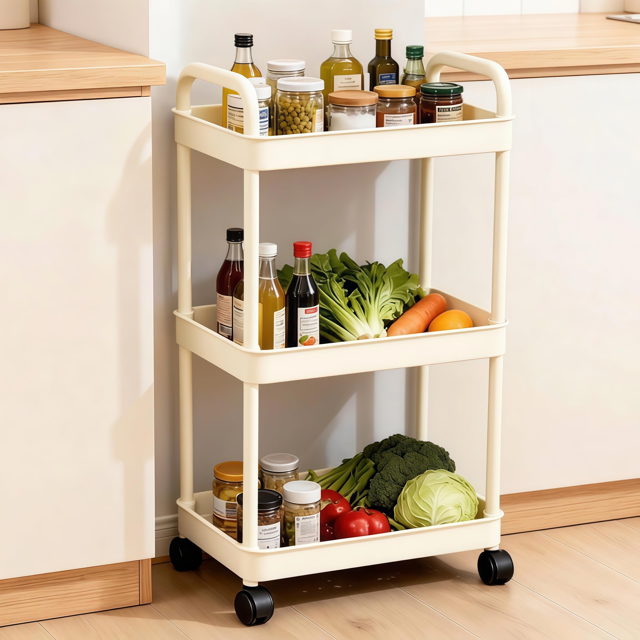 Coolleaf Plastic Rack For Storage Multipurpose,  Sturdy Plastic Vegetable Stand, Slim Kitchen Trolley With Wheels, Hooks, Onion