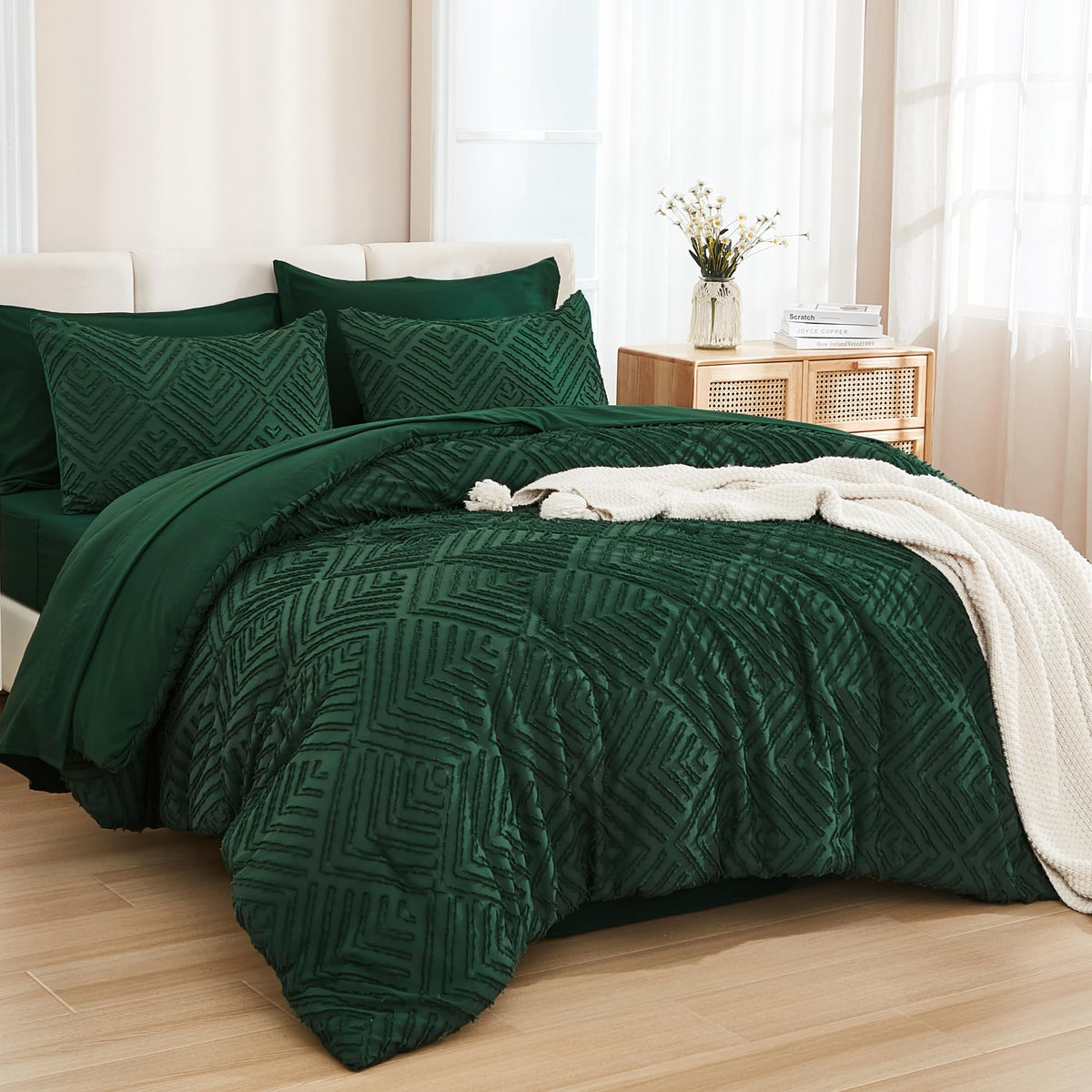 Andency Queen Comforter Set 7 Piece Dark Emerald Green - Bed In A Bag Queen Boho Lightweight Fluffy Tufted Beddding Sets With Co