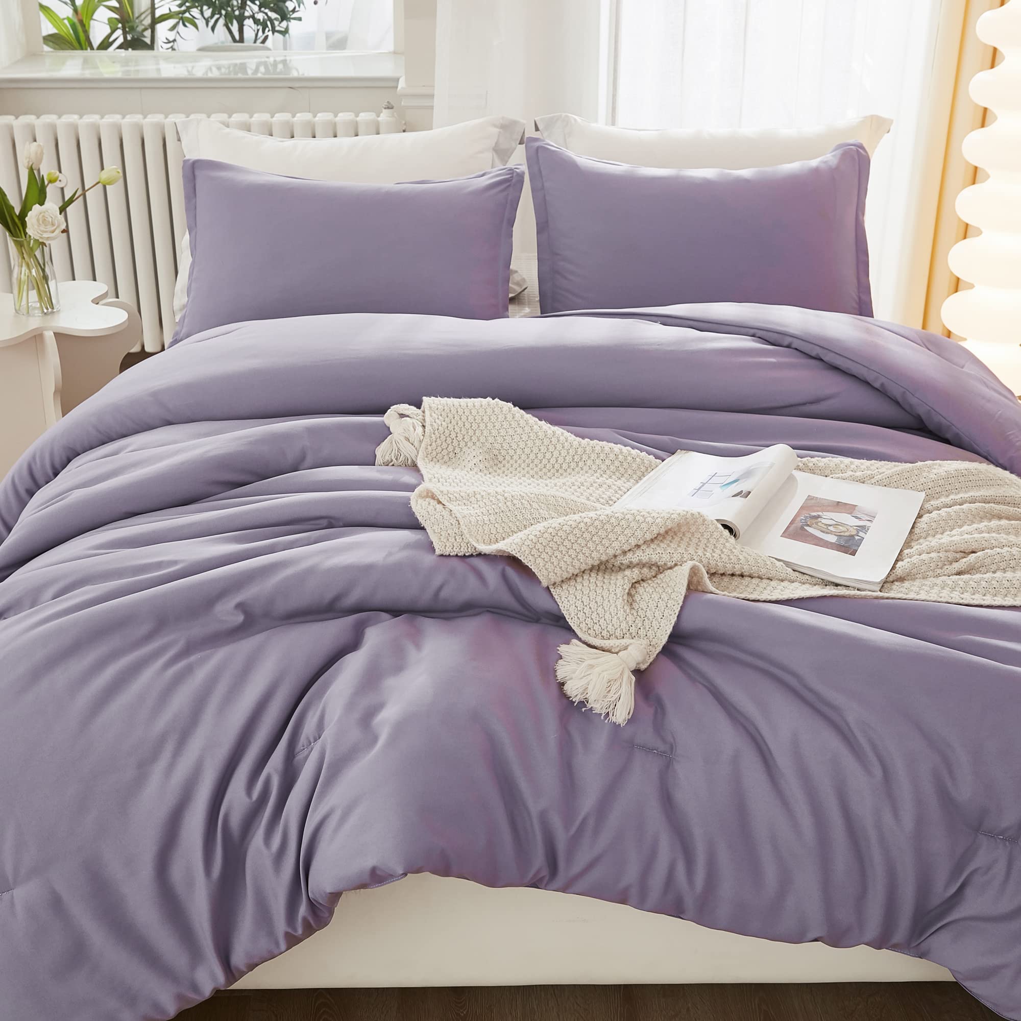 Litanika Grayish Lavender Purple Comforter Set Queen Size, 3 Pieces Lightweight Solid Bedding Comforter Set, All Season Fluffy B