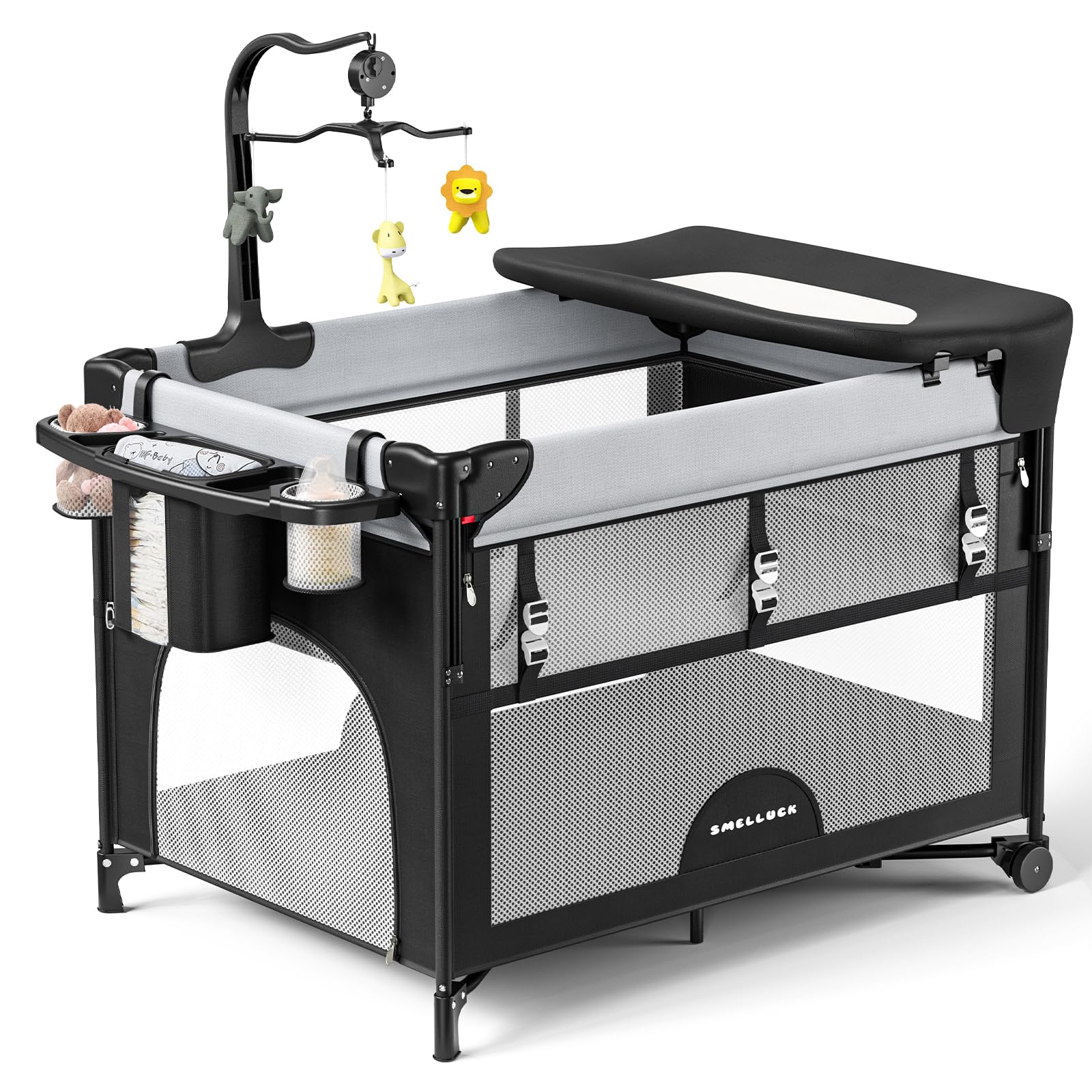 Smelluck Baby Portable Playard, Foldable Bedside Bassinet Baby Crib with Removable Changing Table and Organizer, Adjustable Heig
