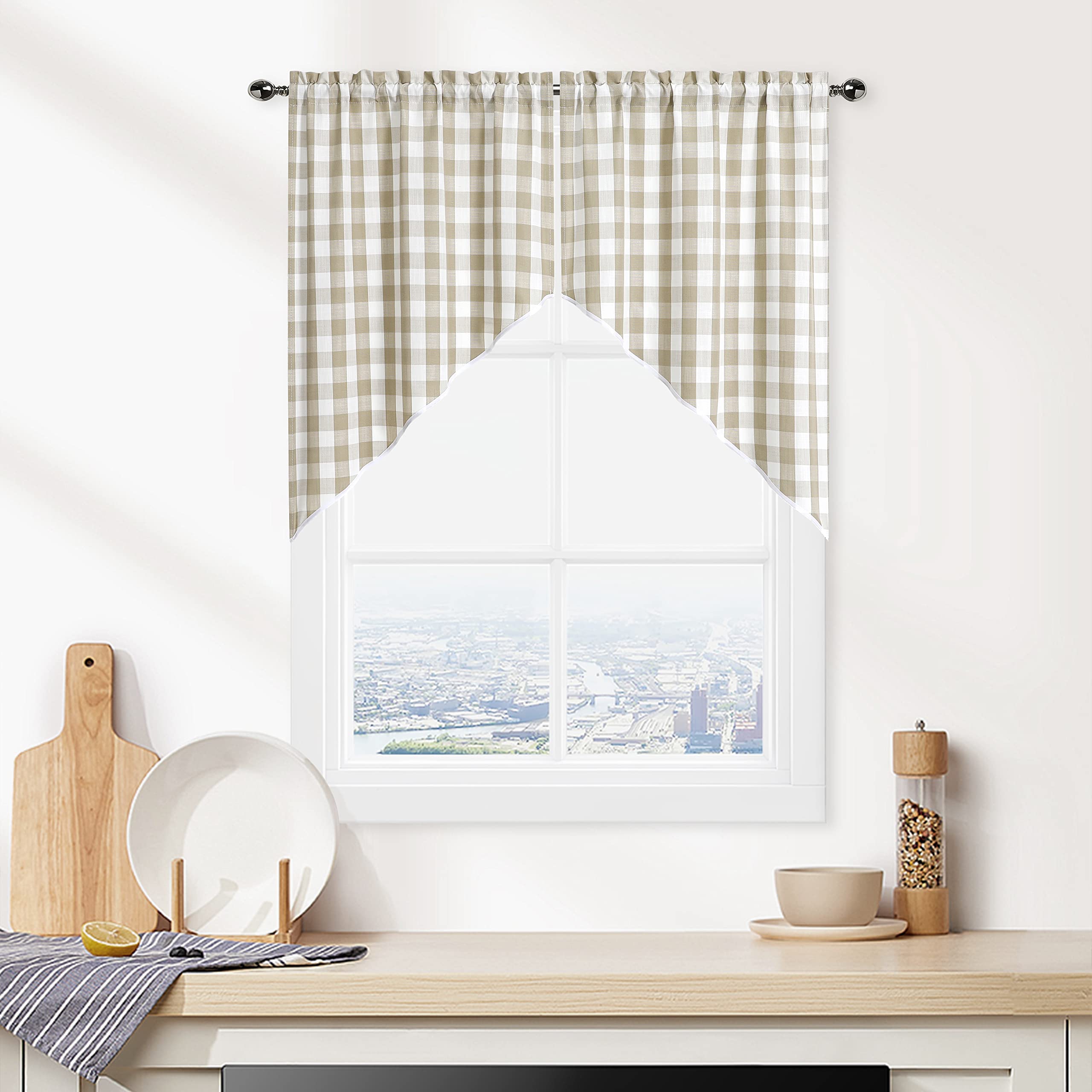 Beige Buffalo Plaid Swag Valance Curtains For Kitchen, Farmhouse Swag Kitchen Curtains 36 Inches Long, Rustic Gingham Check Smal