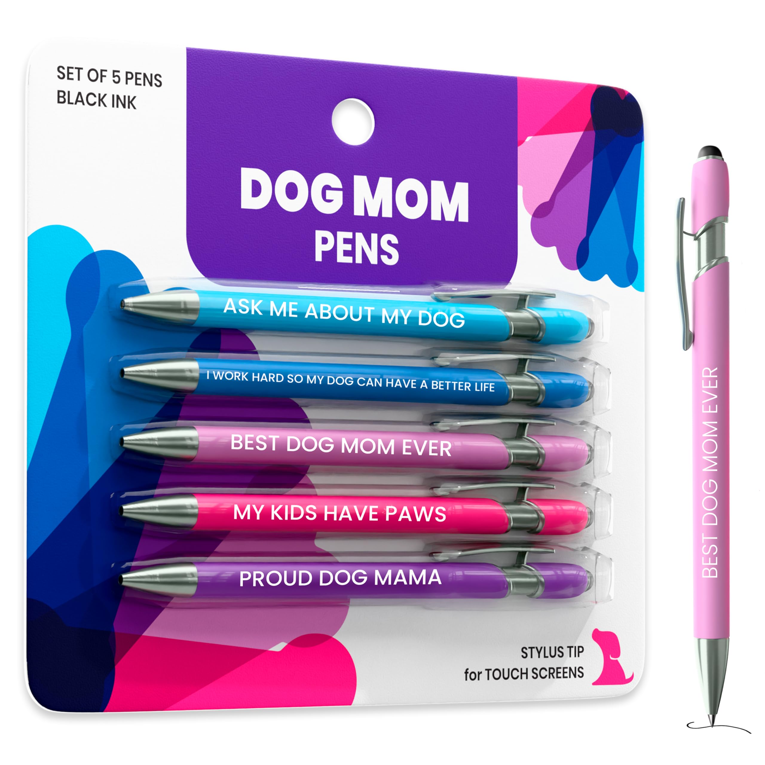 Funny Dog Mom Pen Set - 5-Piece Dog-Themed Stylus Pens - Dog Mom Gifts For Women, Friends, Dog Lovers, Groomer, Vet, Dog Sitter,