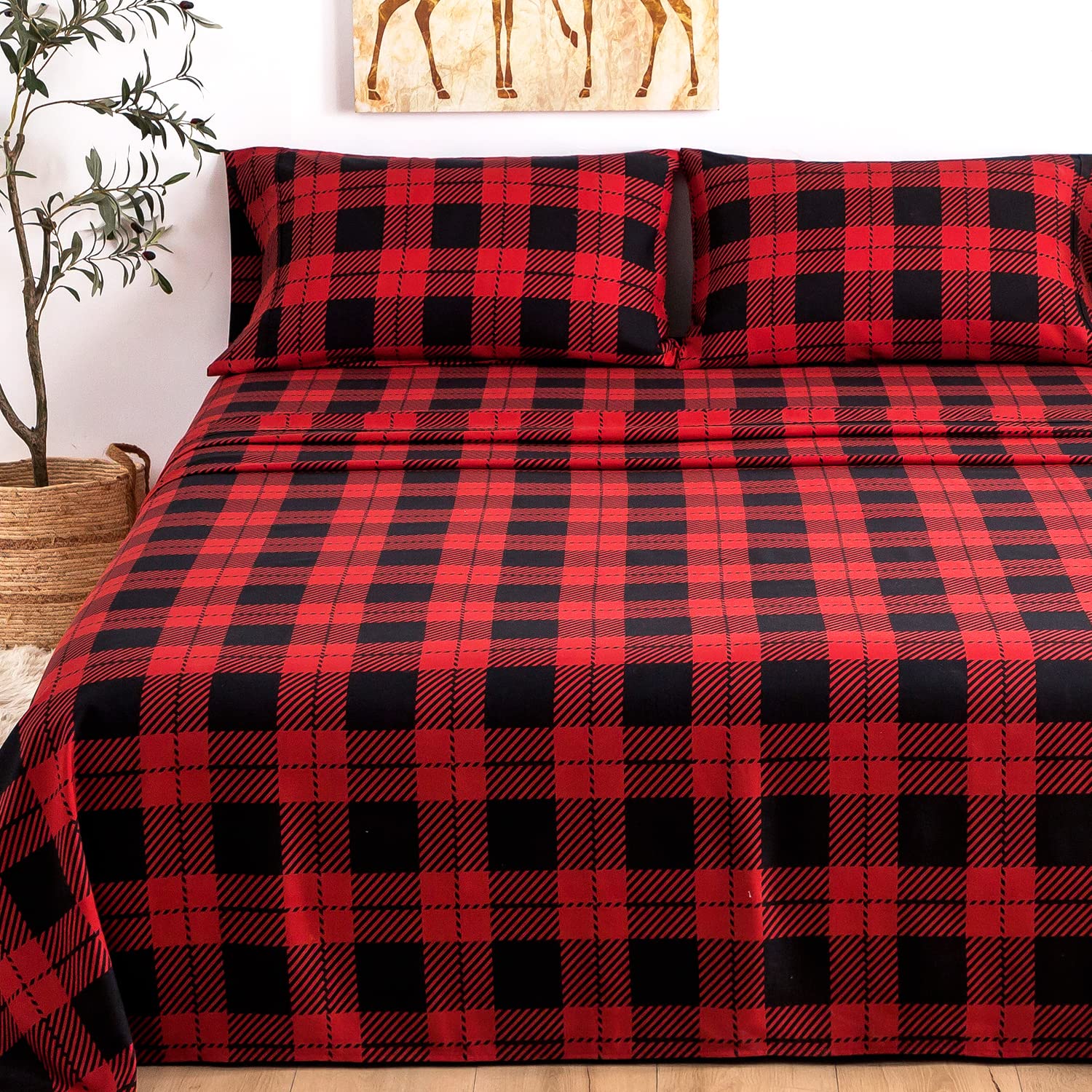 Kacemoo Full Size Bed Sheets Set 4Pc - Red Black Plaid Printed Sheet Soft Cooling 1800 Thread Count Brushed, 8-17' Deep Pocket