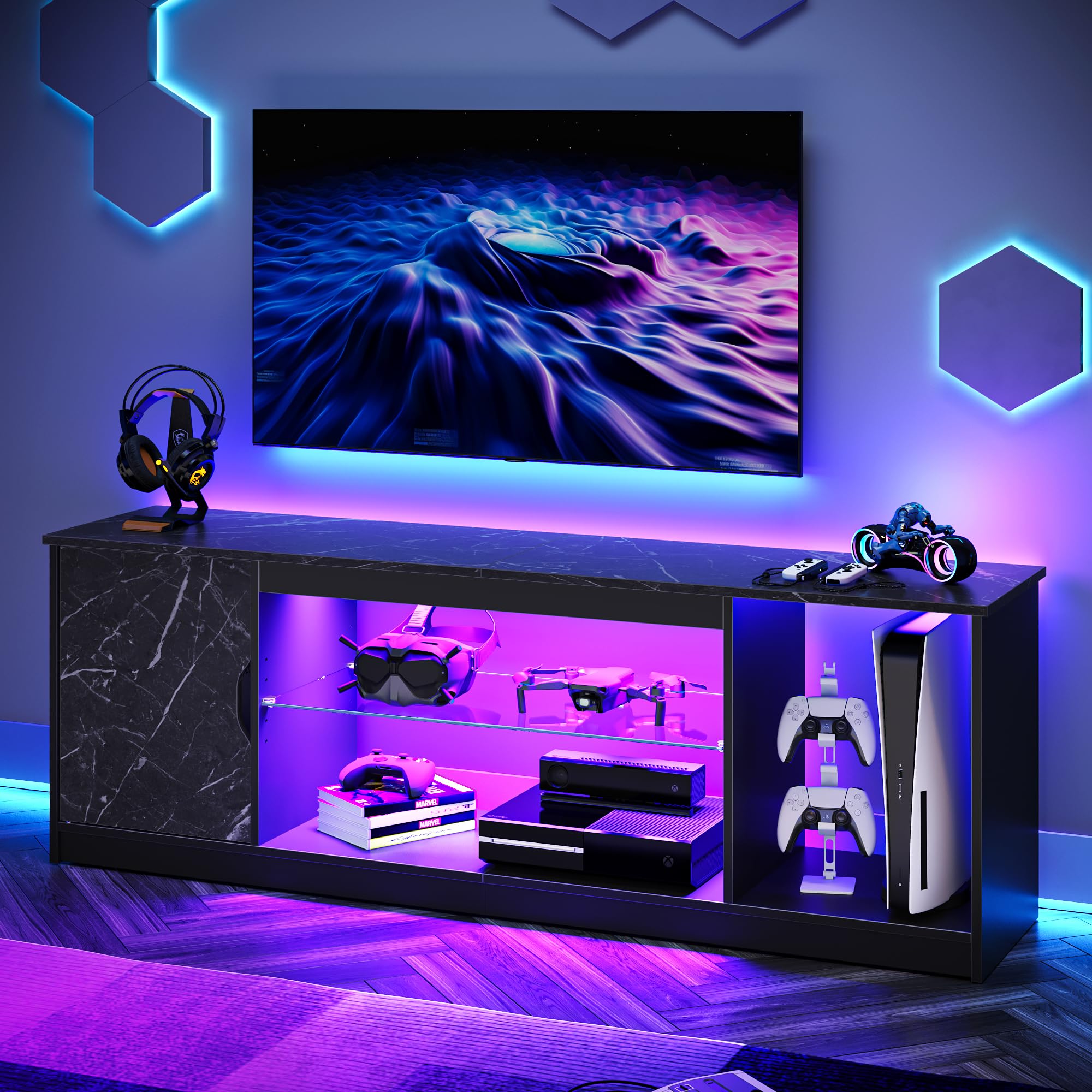 Bestier LED TV Stand for 55/60/65 Inch TV, Gaming Entertainment Center with Cabinet for PS5, Xbox,Modern TV Cabinet with Adjusta