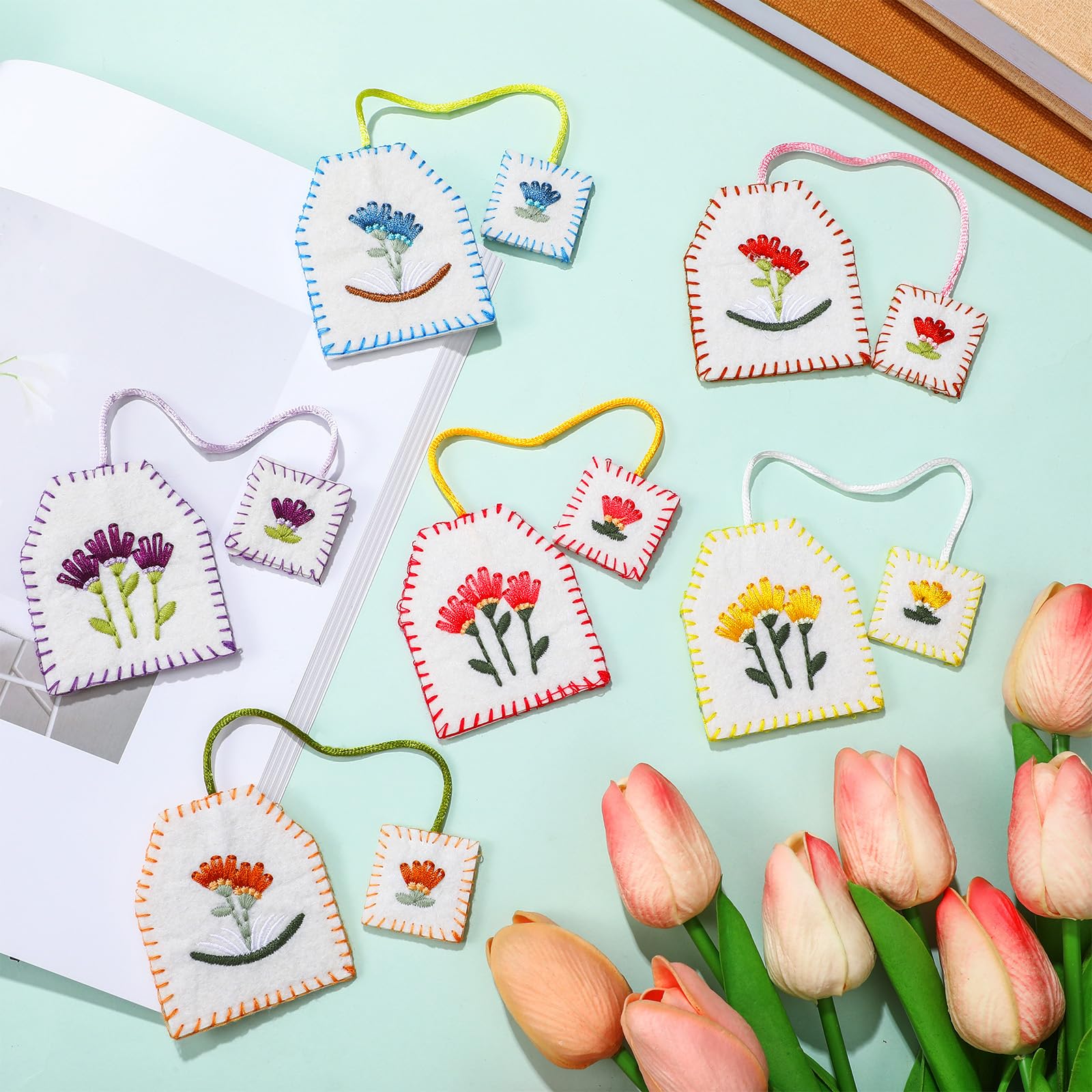 Skyygemm 6 Pcs Retro Tea Bag Bookmarks Tea Party Favors Cute Hand Embroidered Bookmarks Gift for Christmas Holiday Teacher Women