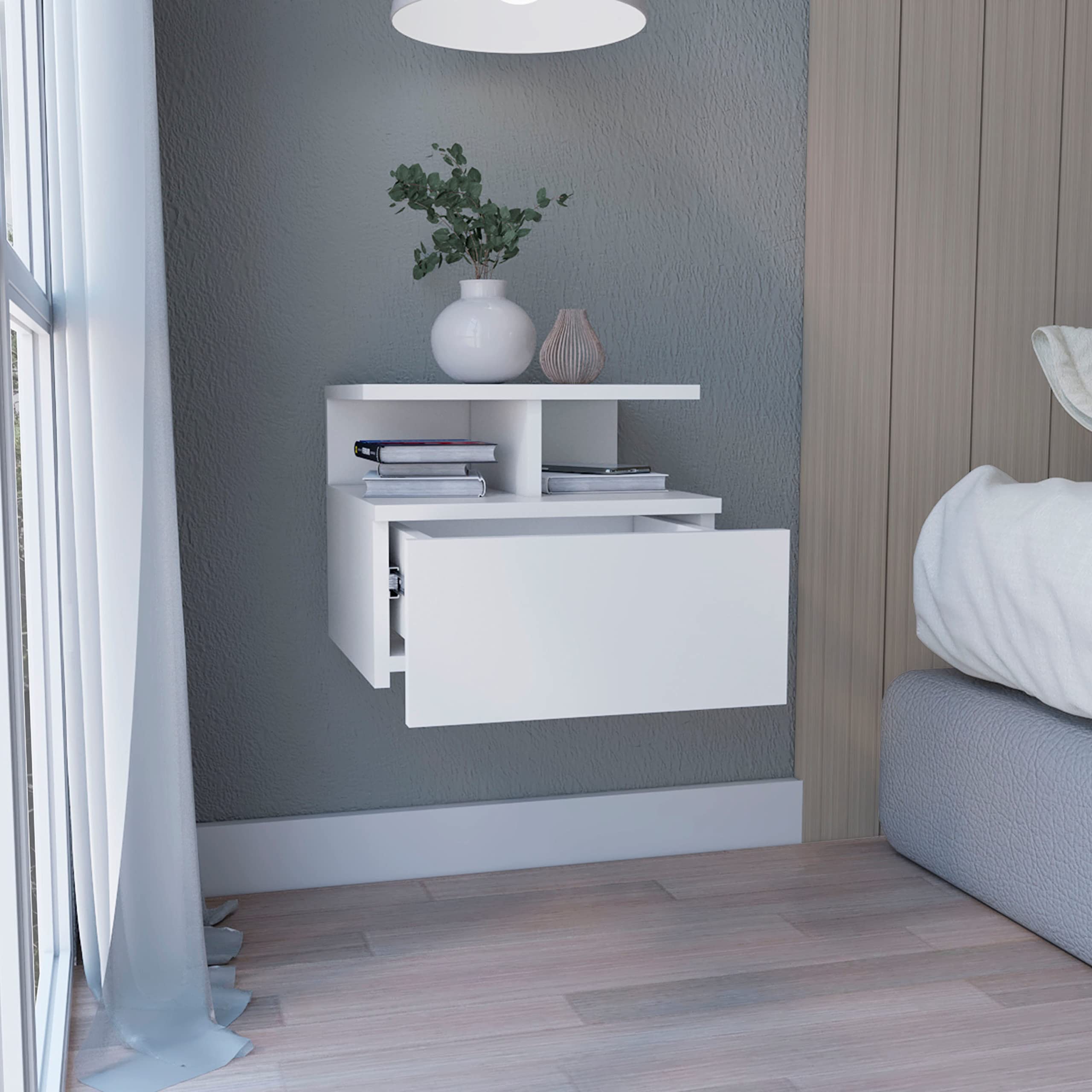 Depot E-Shop Seward Floating Nightstand, Wall Mounted With Single Drawer And 2-Tier Shelf, 12&Quot; H, White, Bedroom