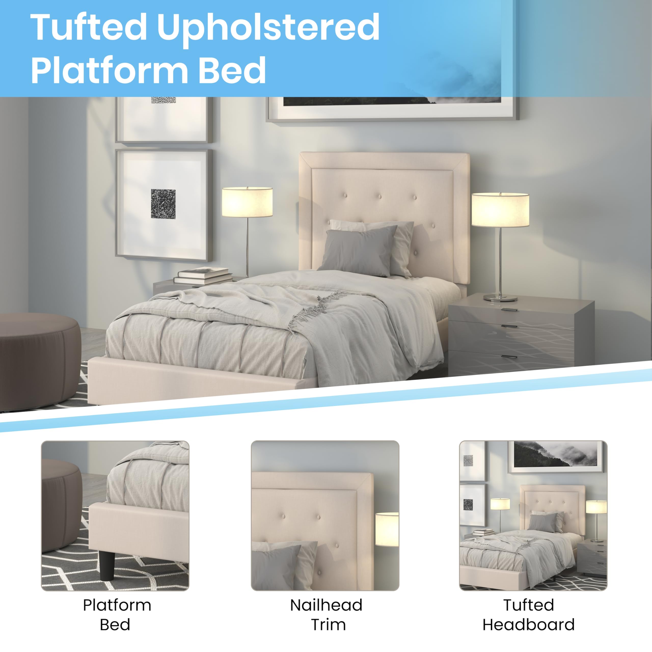 Flash Furniture Roxbury Twin Size Tufted Upholstered Platform Bed In Beige Fabric With 10 Inch Certipur-Us Certified Pocket Spring Mattress